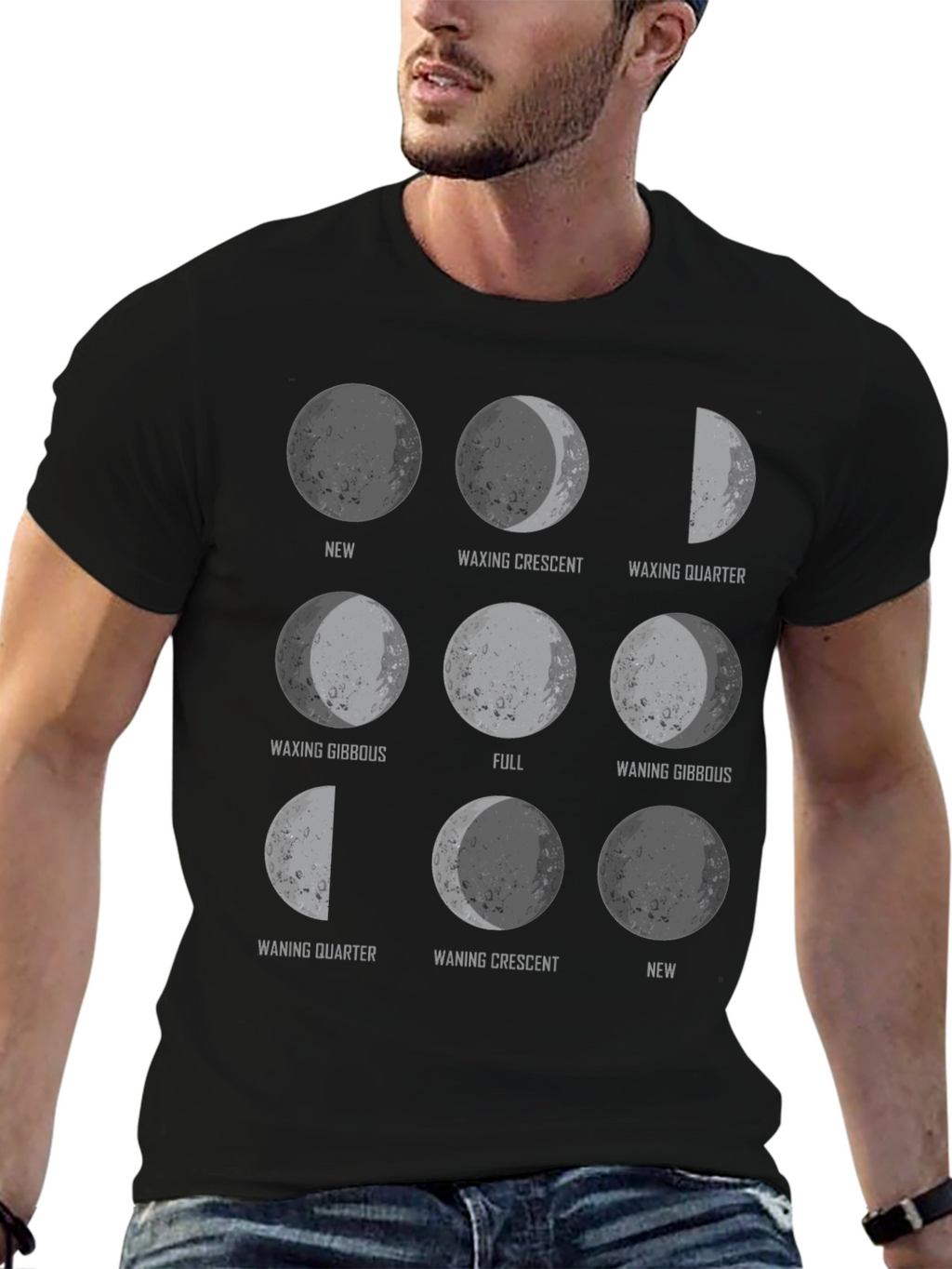 Moon Phases Graphic Print Black T-Shirt