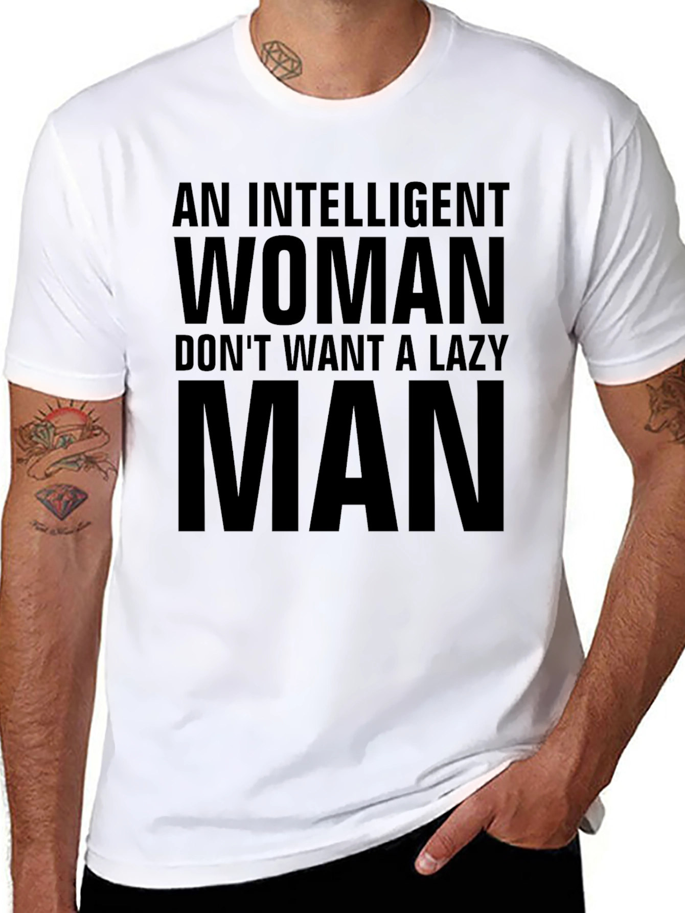 Intelligent Woman Lazy Man Slogan Black T-Shirt