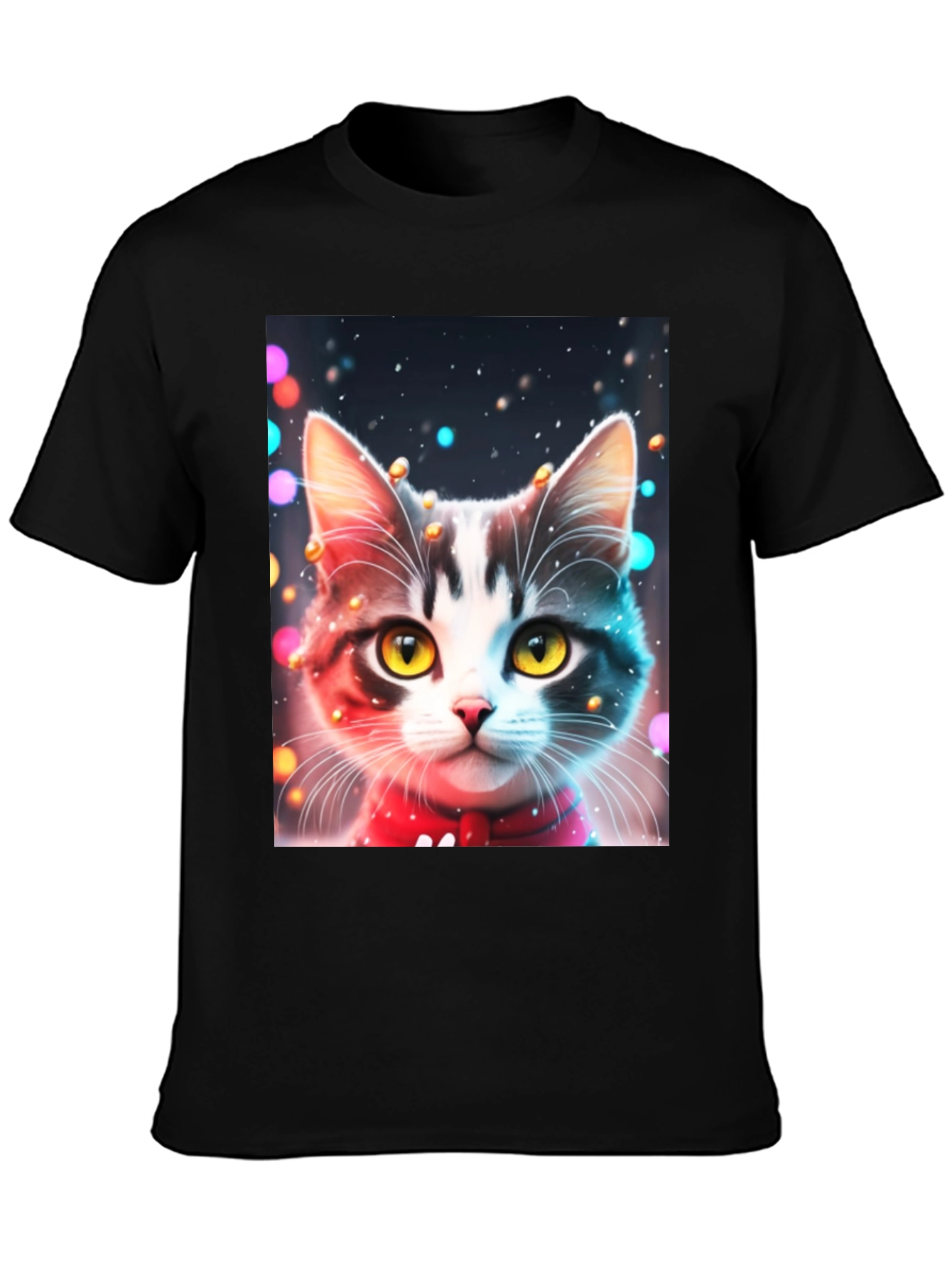 Festive Cat T-Shirt - Black Crew Neck