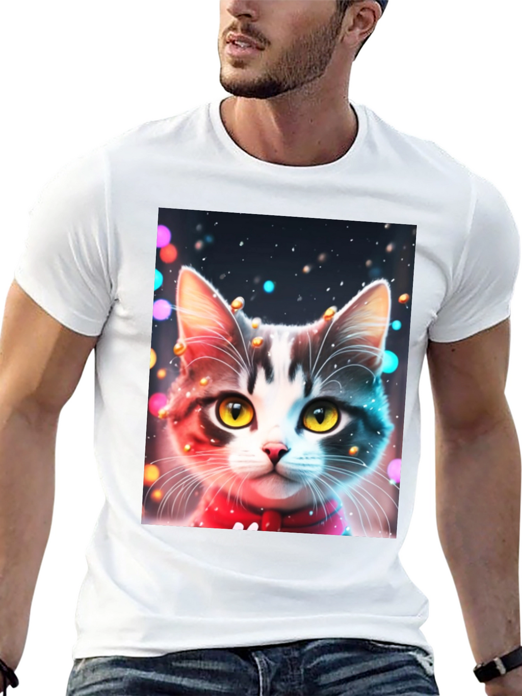 Festive Cat T-Shirt - Black Crew Neck