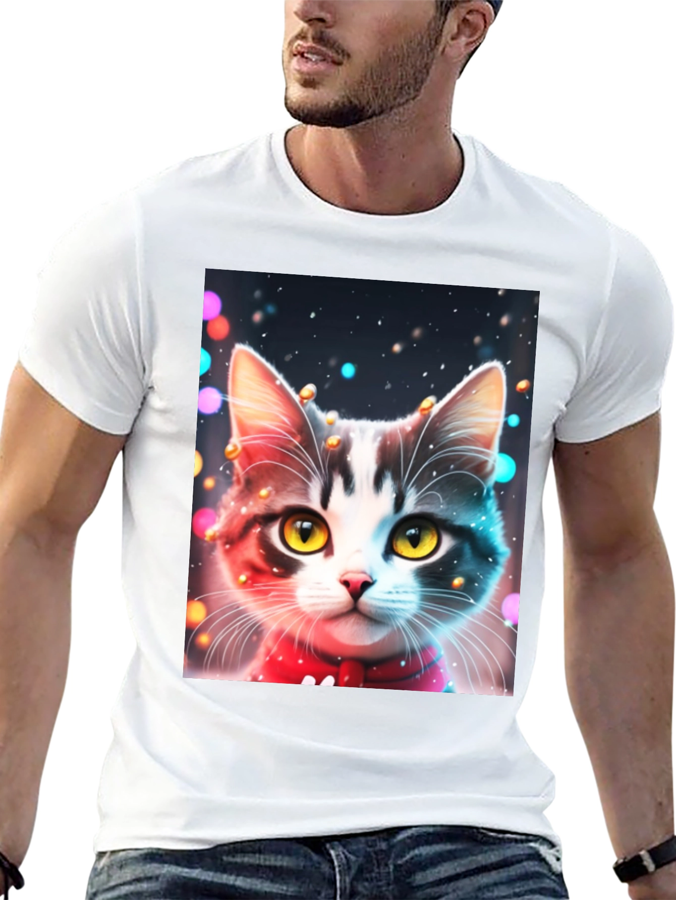 Festive Cat T-Shirt - Black Crew Neck