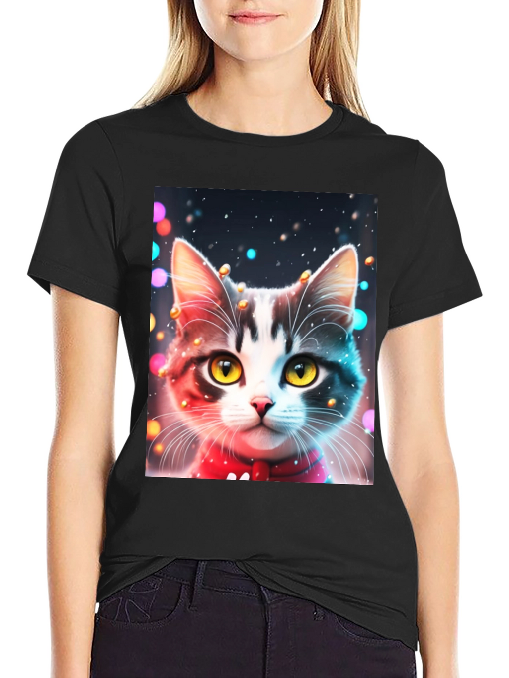 Festive Cat T-Shirt - Black Crew Neck