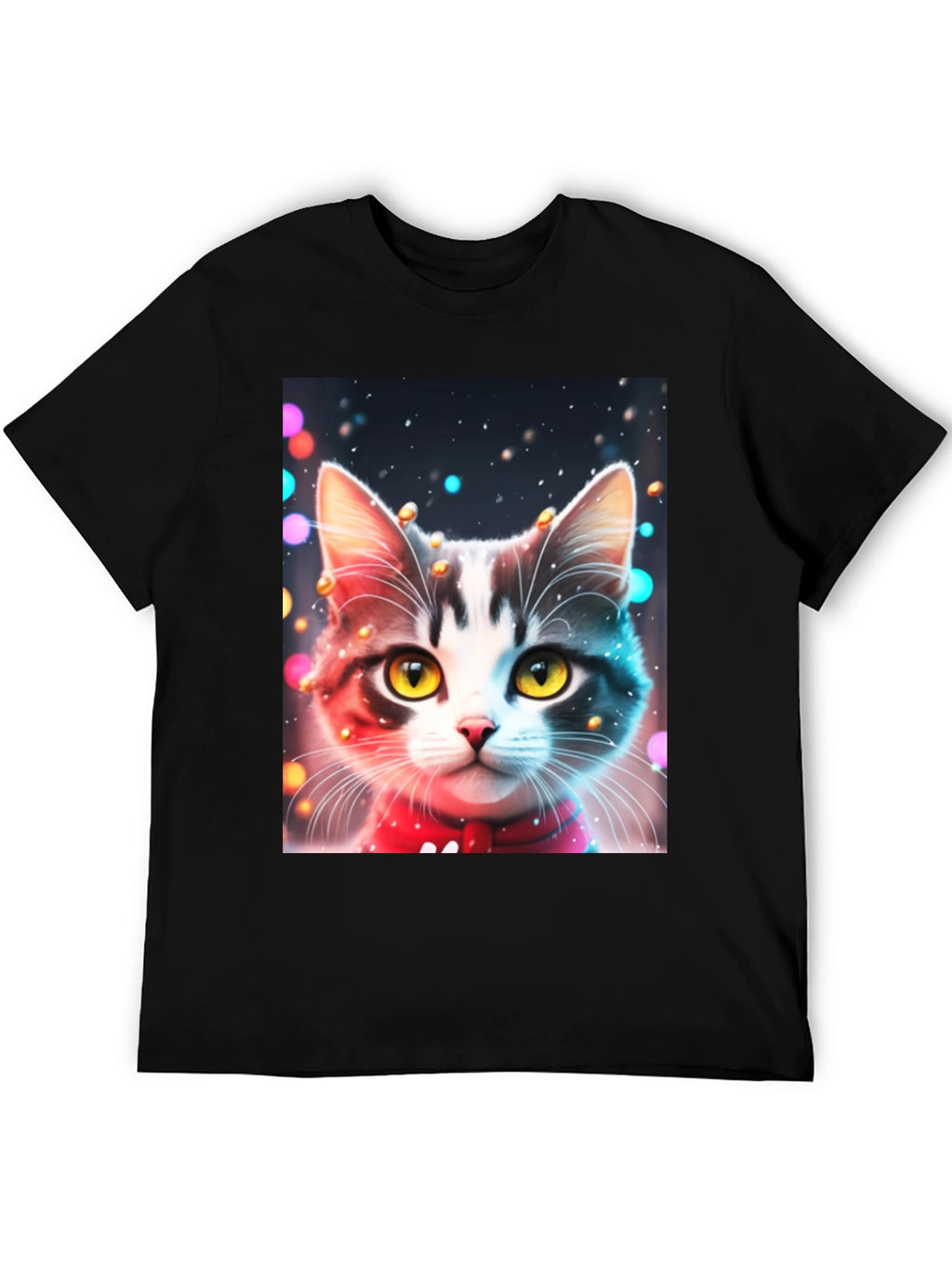 Festive Cat T-Shirt - Black Crew Neck