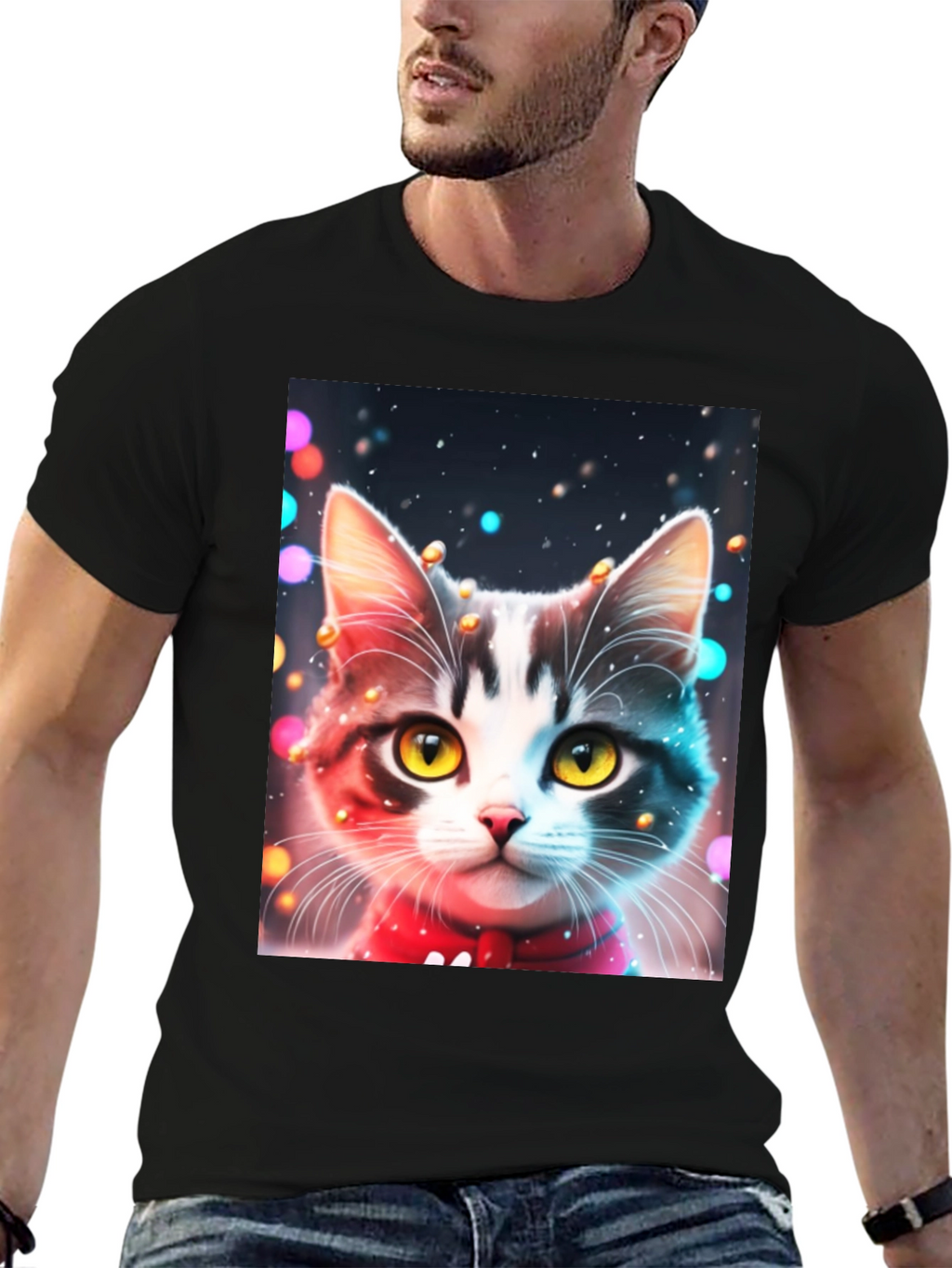 Festive Cat T-Shirt - Black Crew Neck