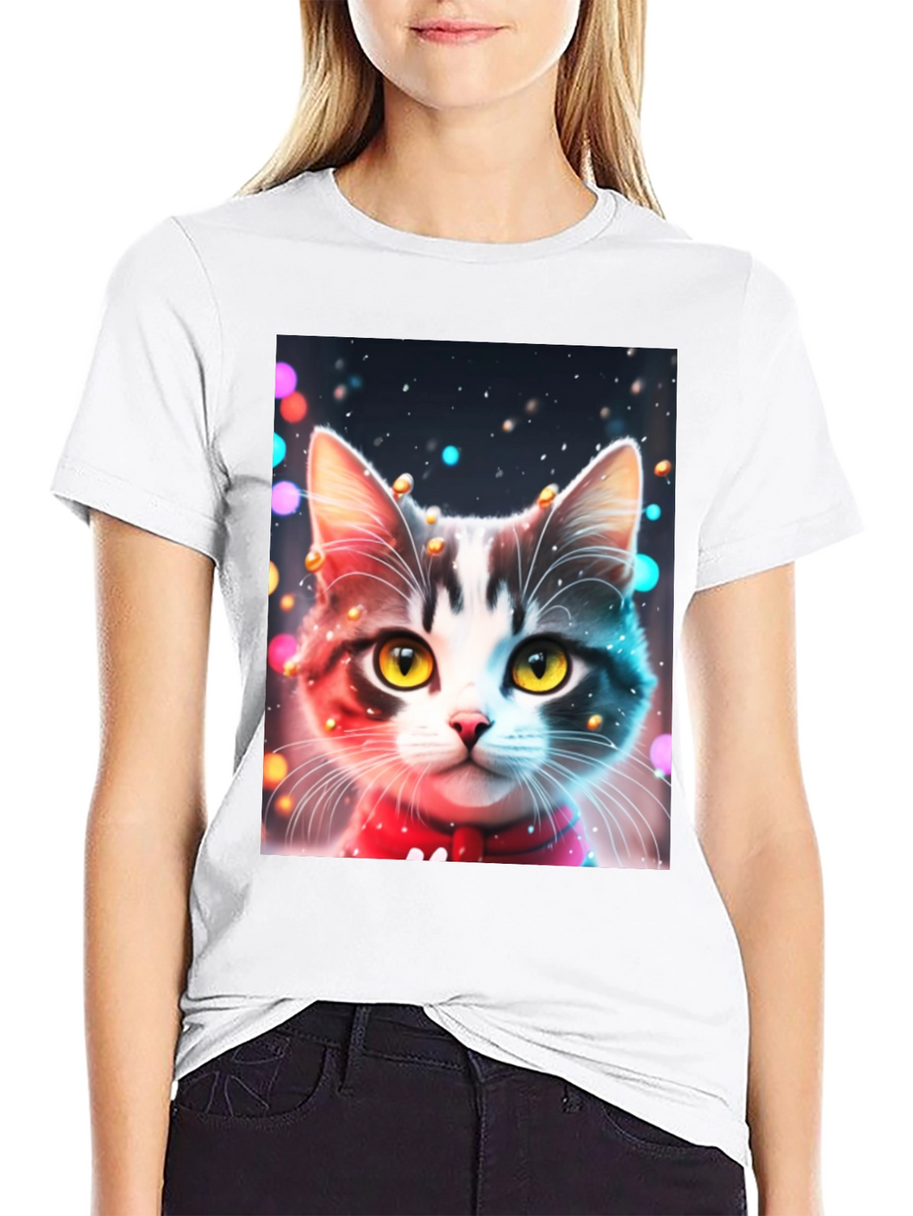 Festive Cat T-Shirt - Black Crew Neck