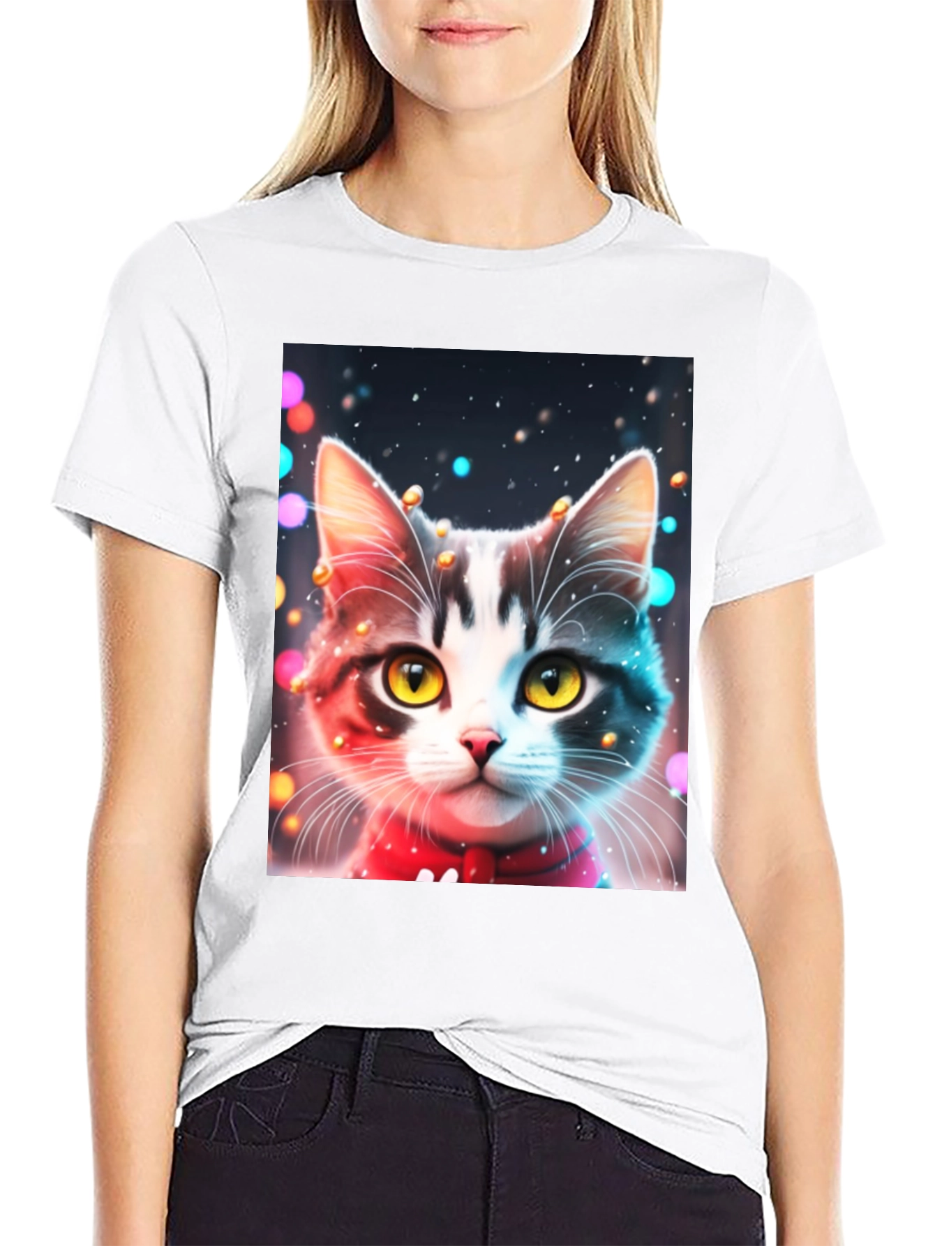 Festive Cat T-Shirt - Black Crew Neck