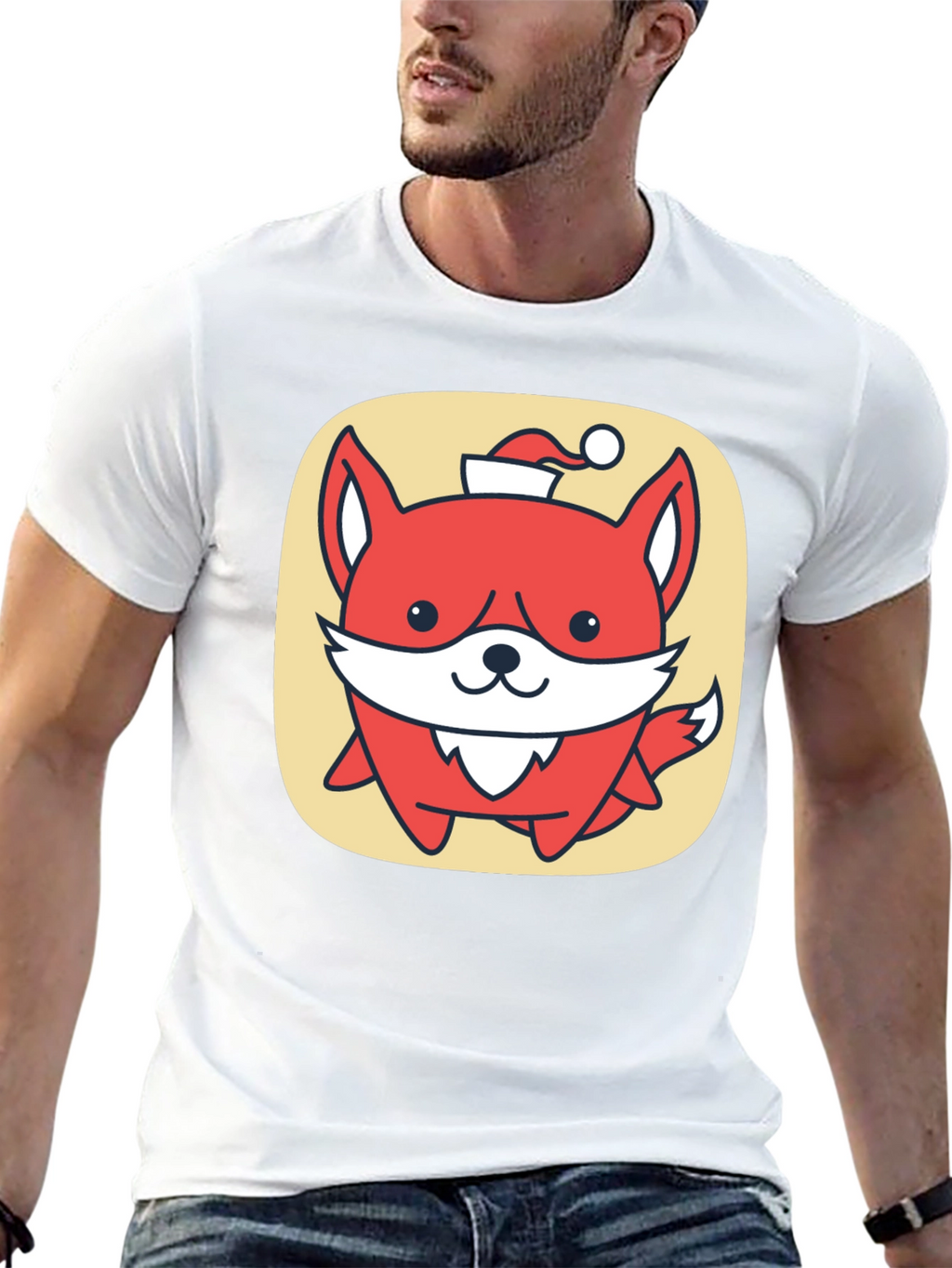 Cute Fox with Santa Hat Graphic Tee - Black