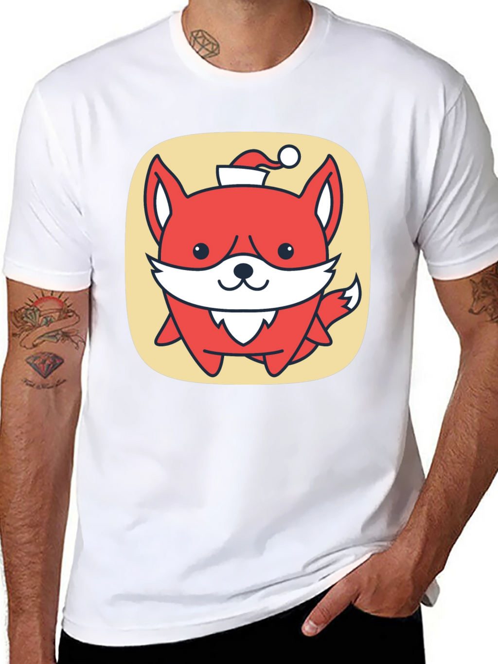 Cute Fox with Santa Hat Graphic Tee - Black