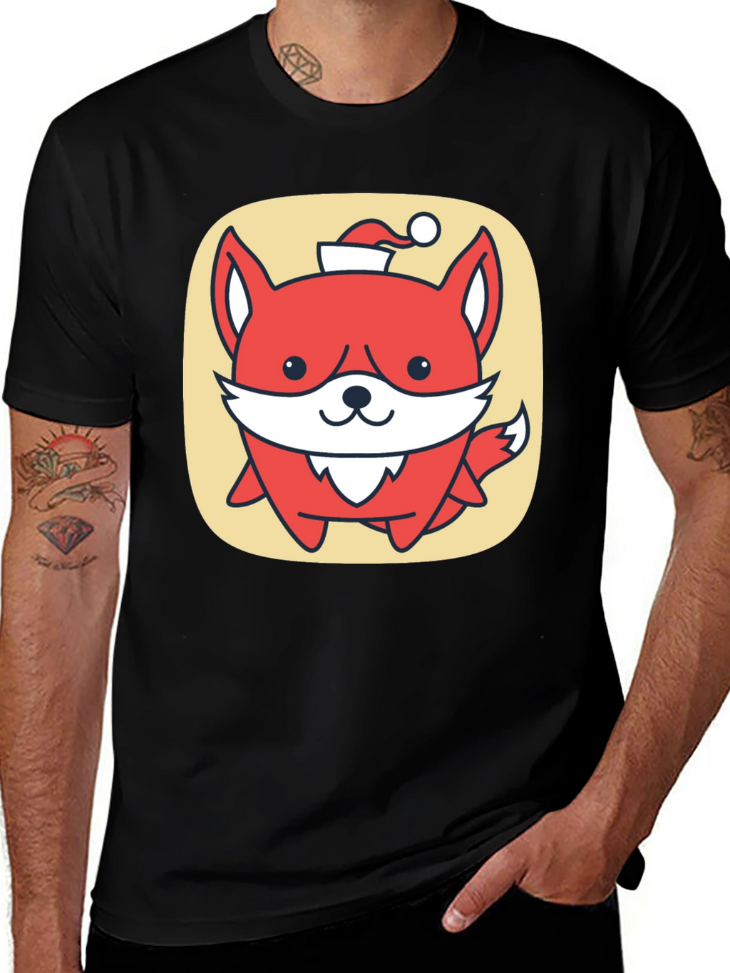 Cute Fox with Santa Hat Graphic Tee - Black