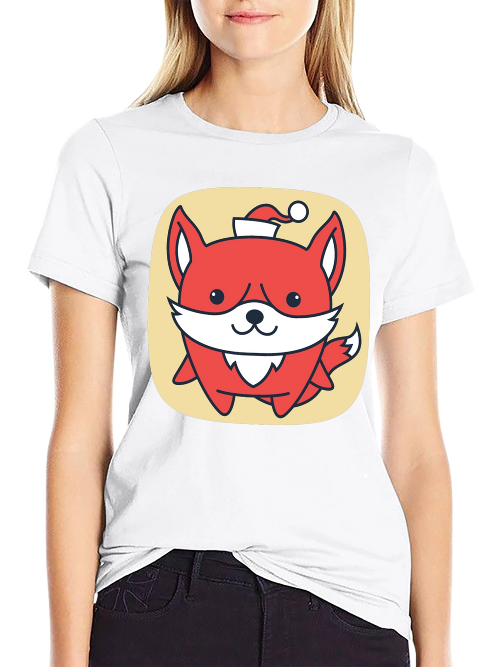 Cute Fox with Santa Hat Graphic Tee - Black