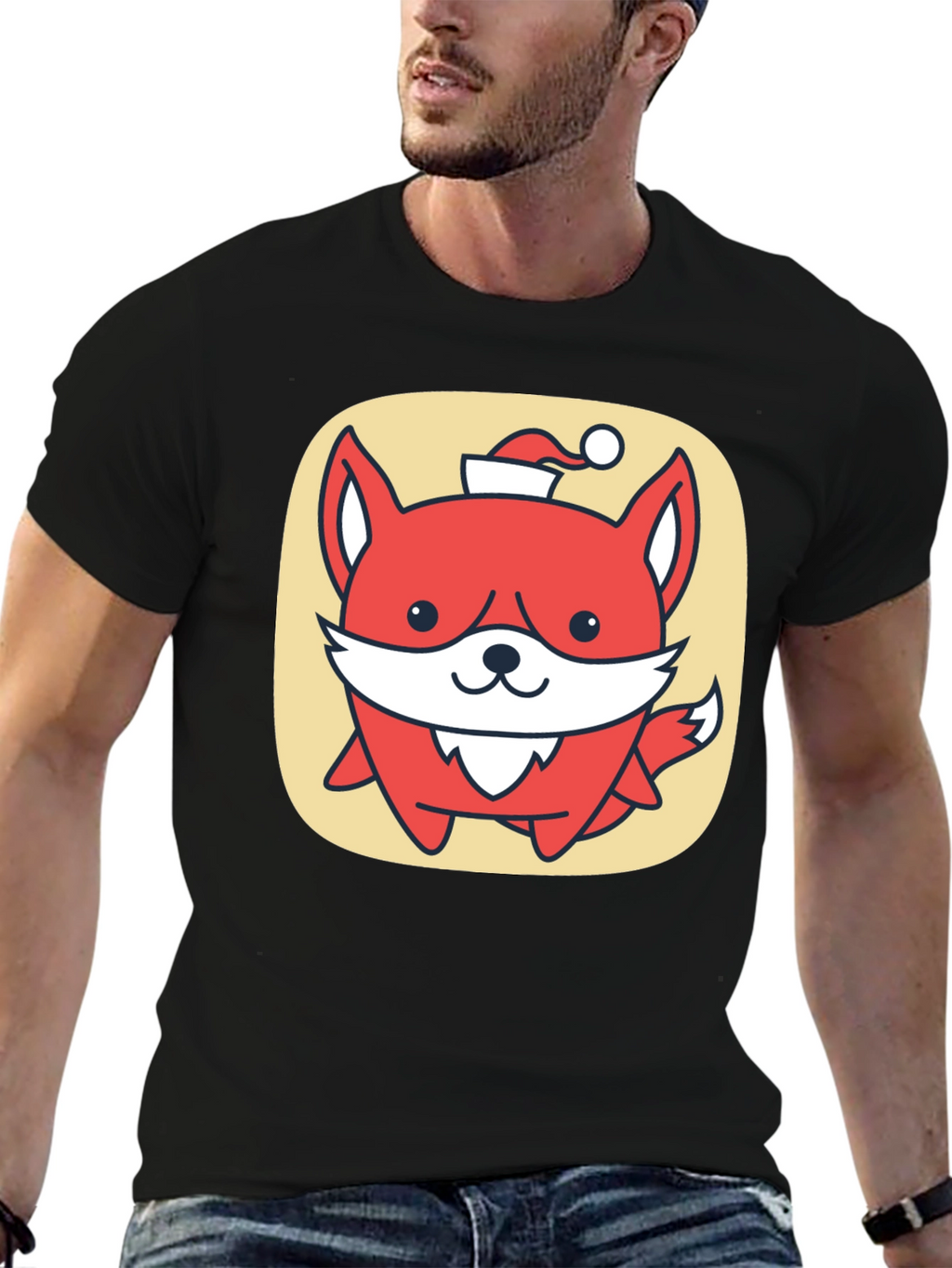 Cute Fox with Santa Hat Graphic Tee - Black