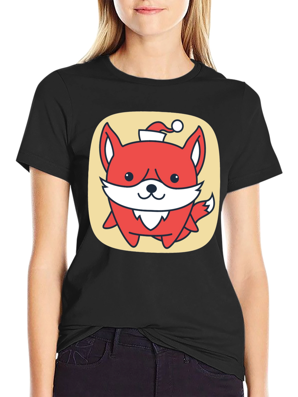 Cute Fox with Santa Hat Graphic Tee - Black