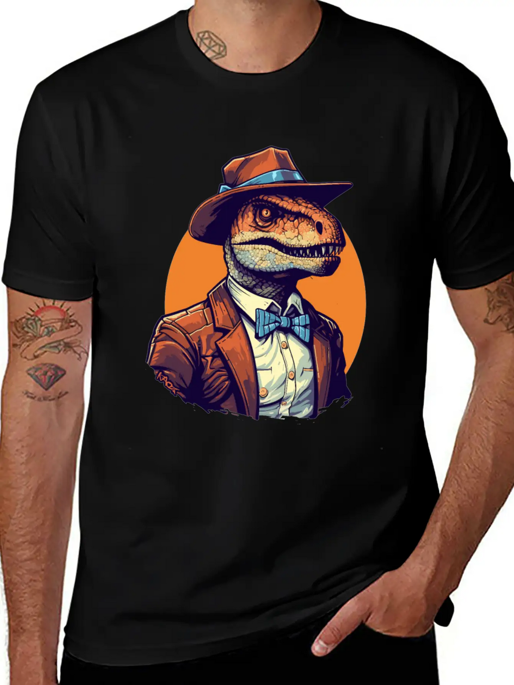 Dapper Raptor: Dinosaur In Suit And Tie Unisex Short Sleeve Soft Cotton T-Shirt – Casual Everyday Wear