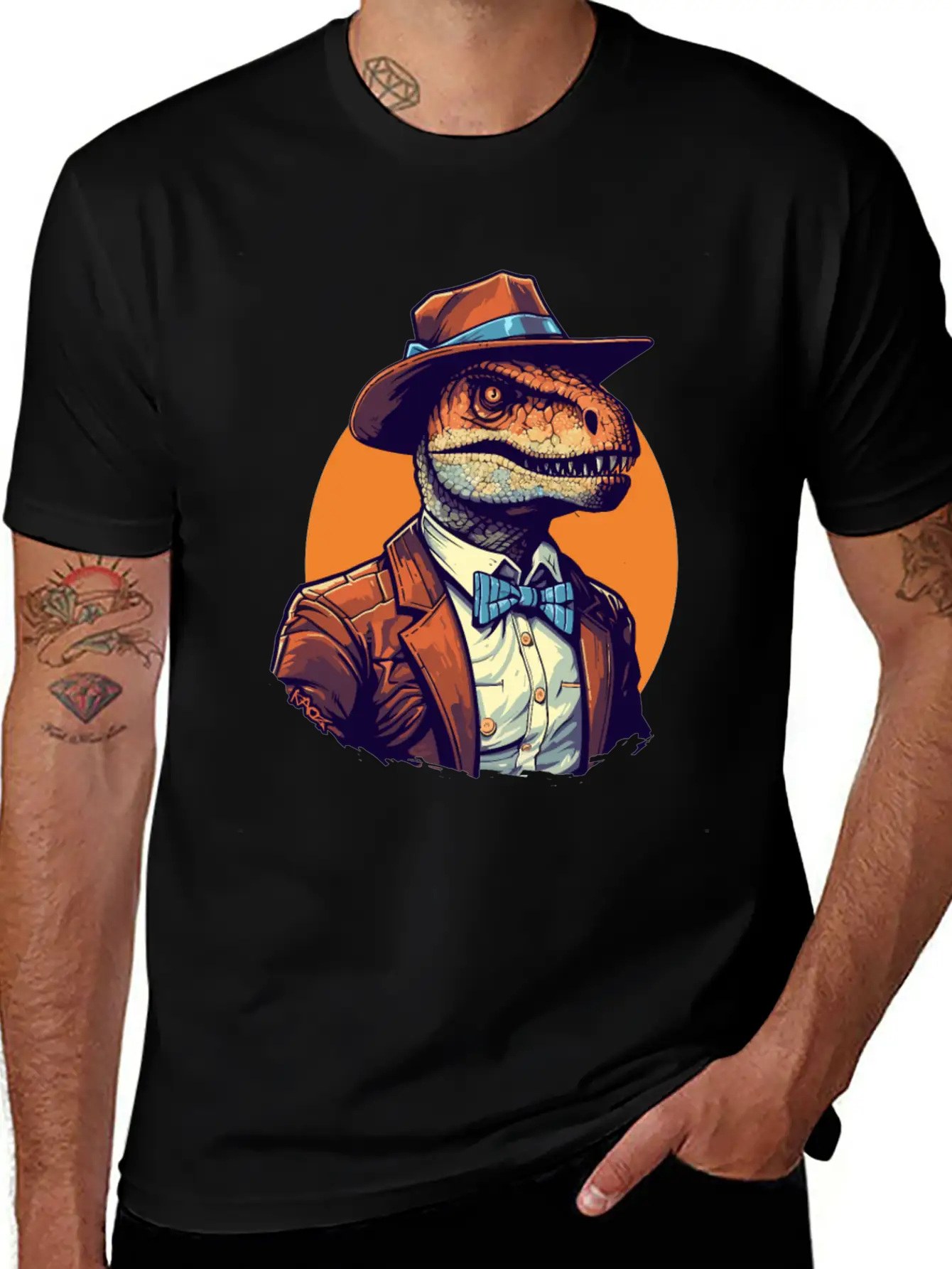 Dapper Raptor: Dinosaur In Suit And Tie Unisex Short Sleeve Soft Cotton T-Shirt – Casual Everyday Wear