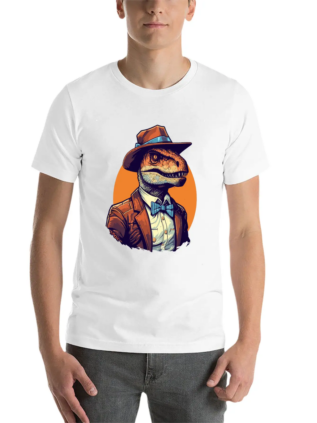 Dapper Raptor: Dinosaur In Suit And Tie Unisex Short Sleeve Soft Cotton T-Shirt – Casual Everyday Wear