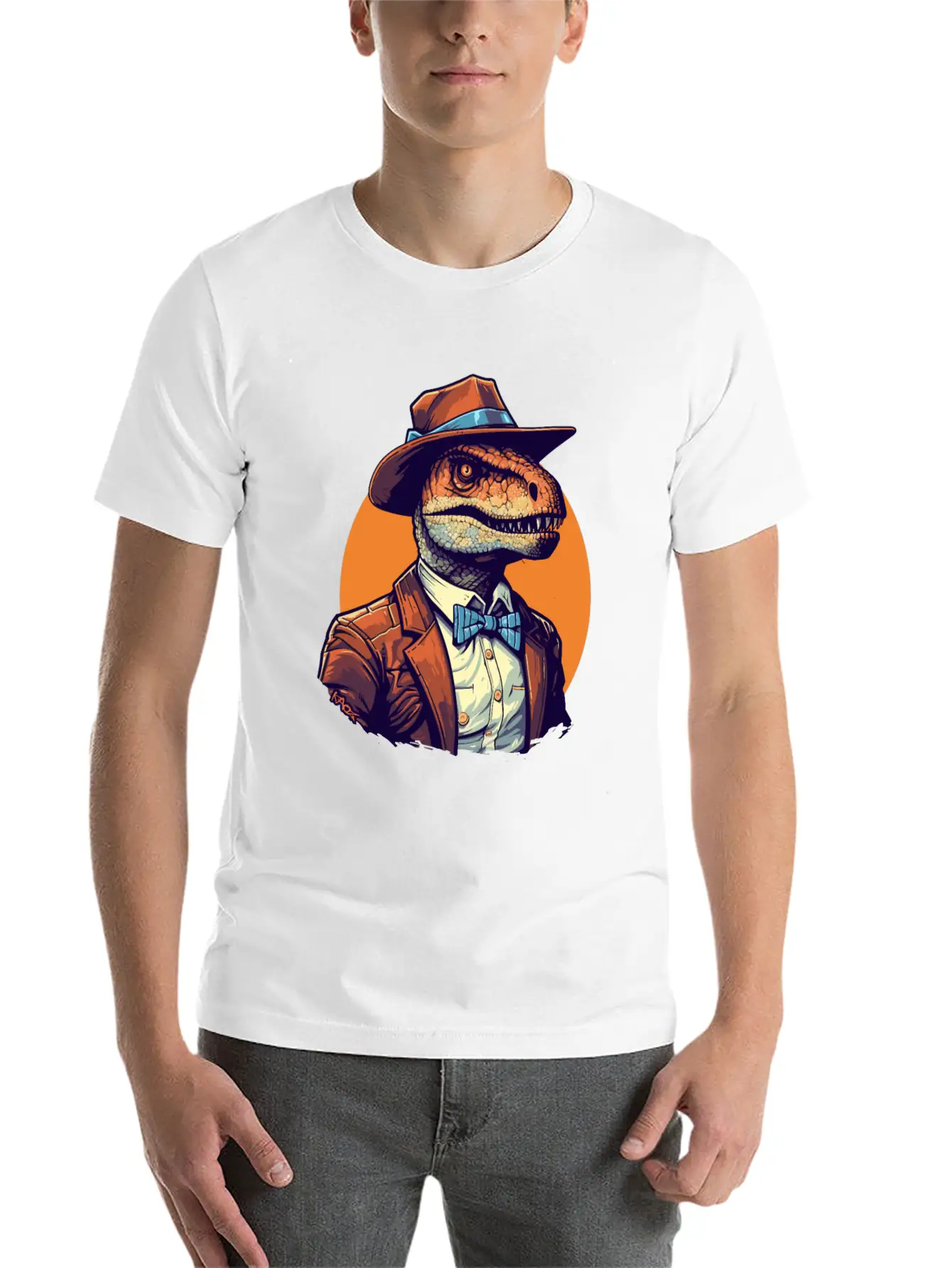 Dapper Raptor: Dinosaur In Suit And Tie Unisex Short Sleeve Soft Cotton T-Shirt – Casual Everyday Wear