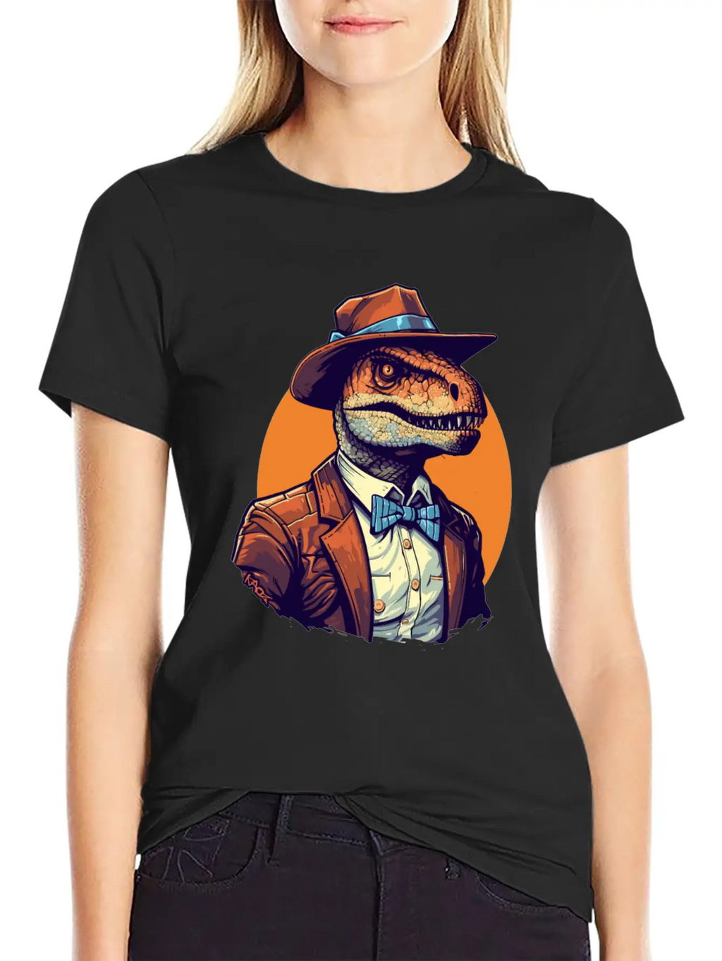 Dapper Raptor: Dinosaur In Suit And Tie Unisex Short Sleeve Soft Cotton T-Shirt – Casual Everyday Wear