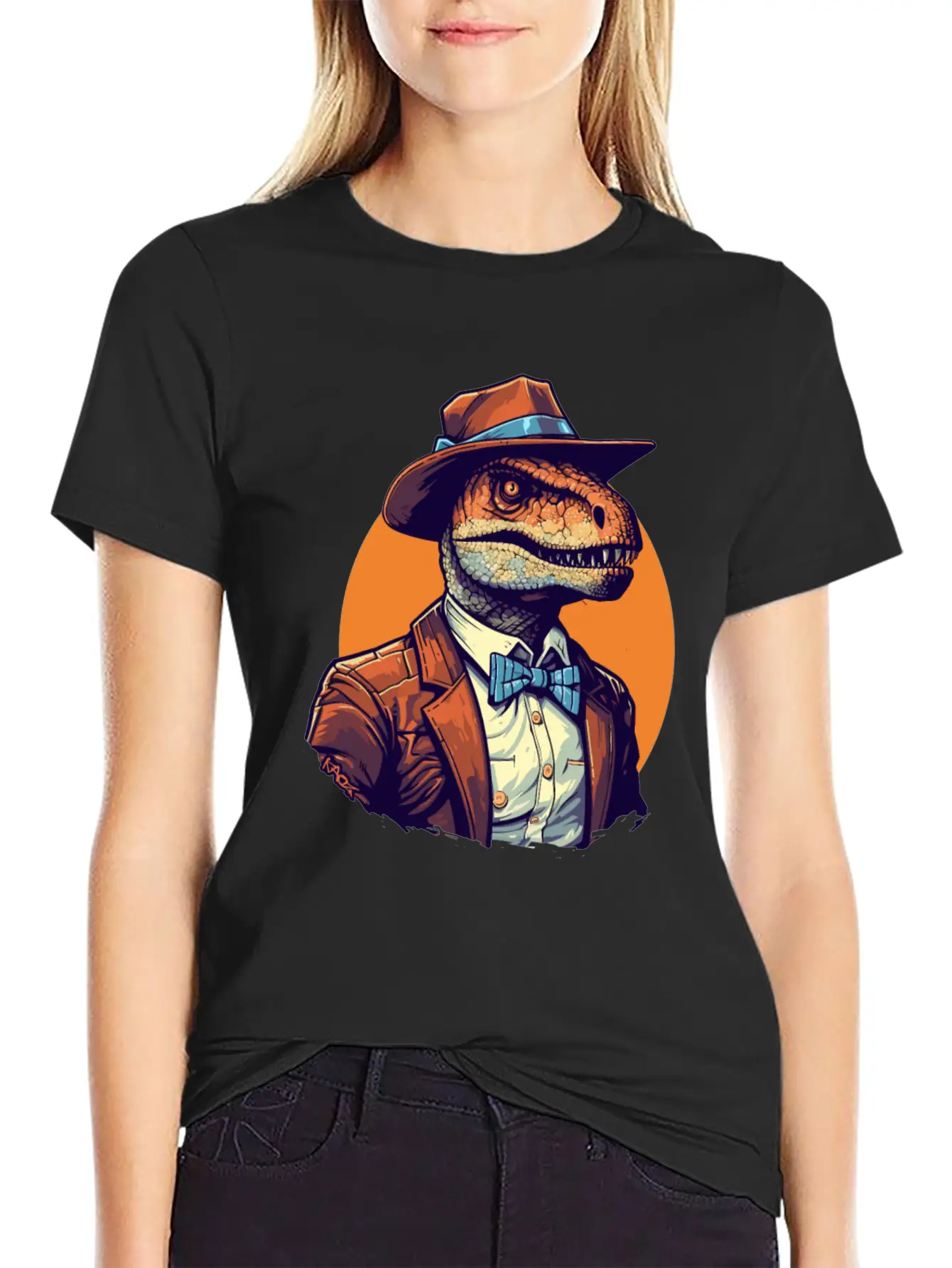 Dapper Raptor: Dinosaur In Suit And Tie Unisex Short Sleeve Soft Cotton T-Shirt – Casual Everyday Wear