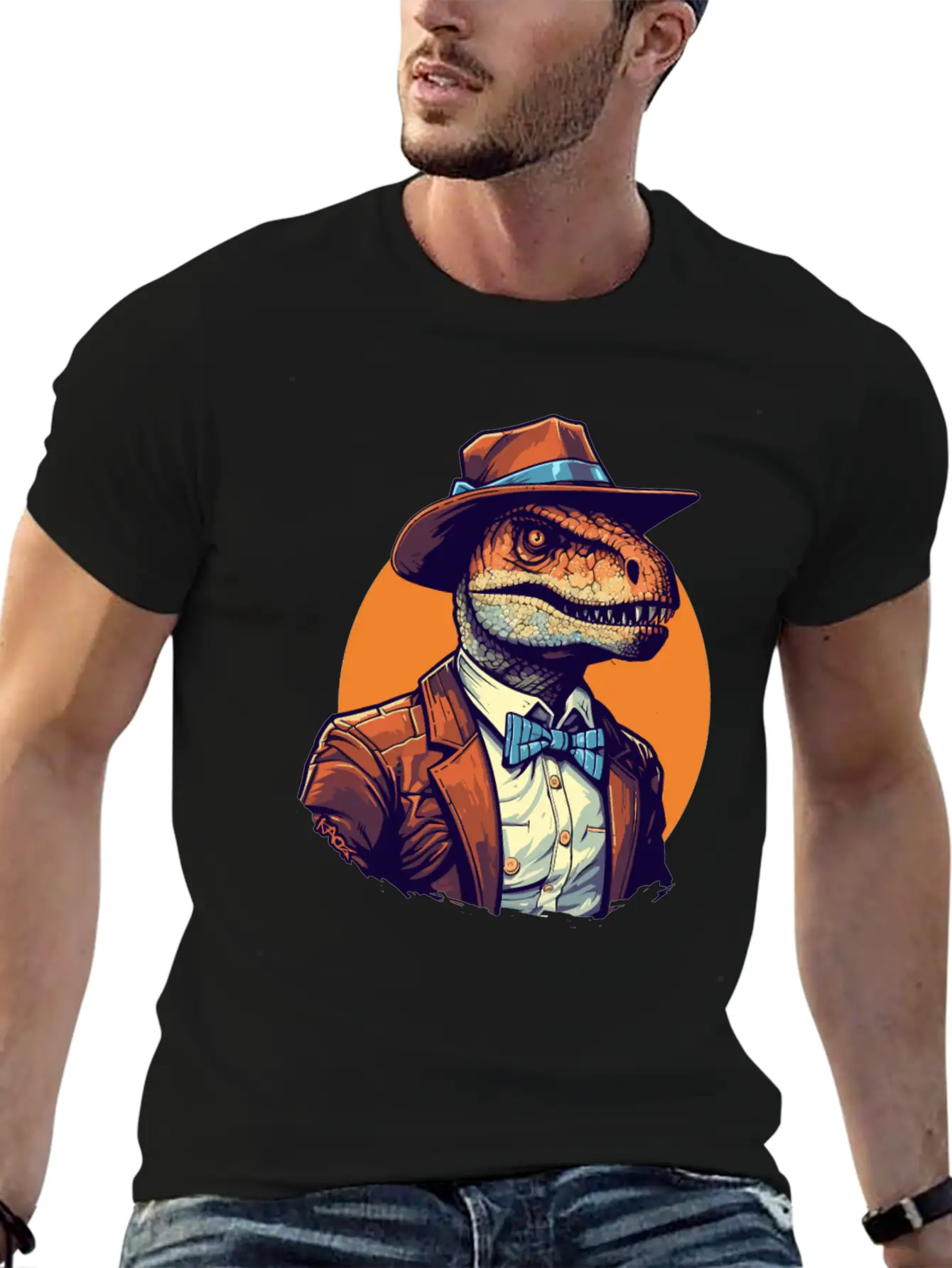 Dapper Raptor: Dinosaur In Suit And Tie Unisex Short Sleeve Soft Cotton T-Shirt – Casual Everyday Wear