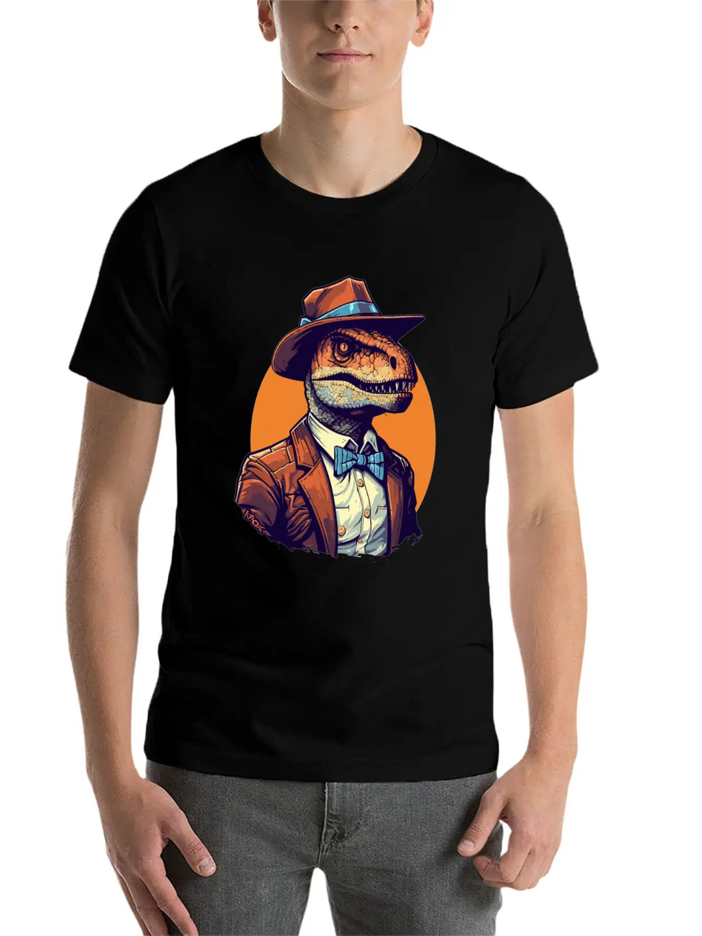 Dapper Raptor: Dinosaur In Suit And Tie Unisex Short Sleeve Soft Cotton T-Shirt – Casual Everyday Wear