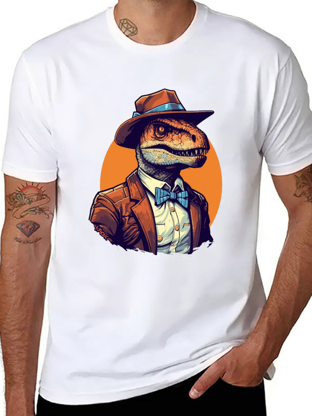 Dapper Raptor: Dinosaur In Suit And Tie Unisex Short Sleeve Soft Cotton T-Shirt – Casual Everyday Wear