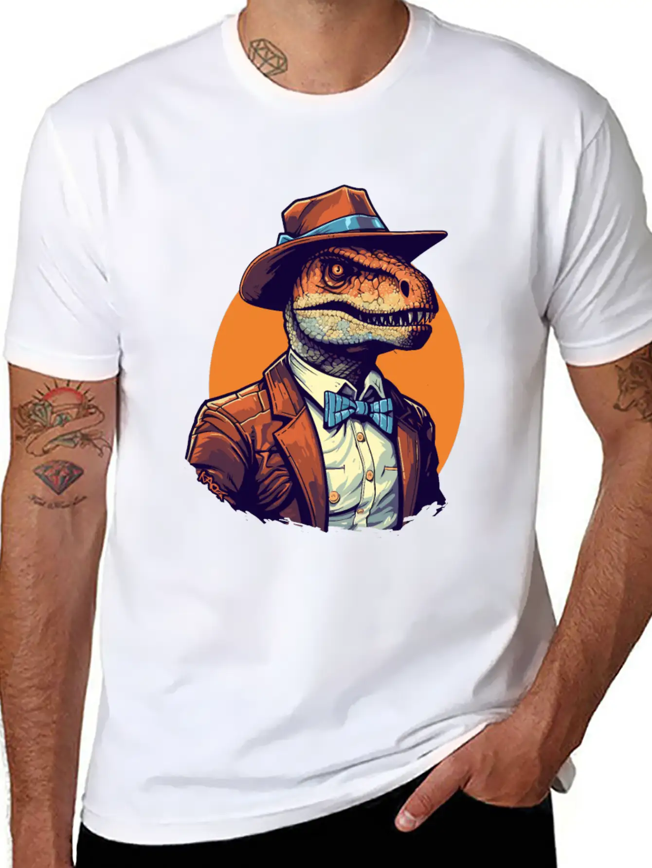 Dapper Raptor: Dinosaur In Suit And Tie Unisex Short Sleeve Soft Cotton T-Shirt – Casual Everyday Wear