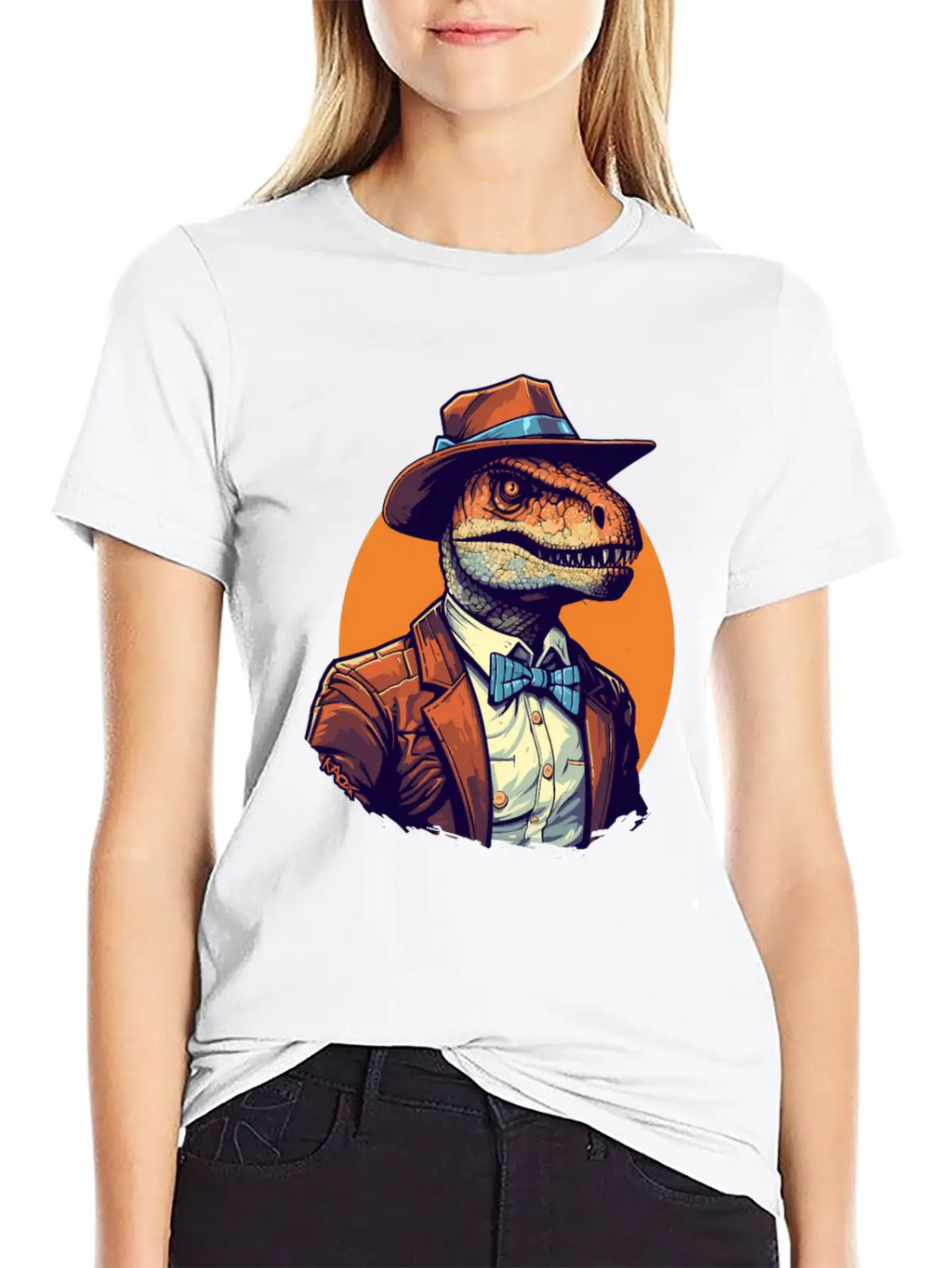 Dapper Raptor: Dinosaur In Suit And Tie Unisex Short Sleeve Soft Cotton T-Shirt – Casual Everyday Wear