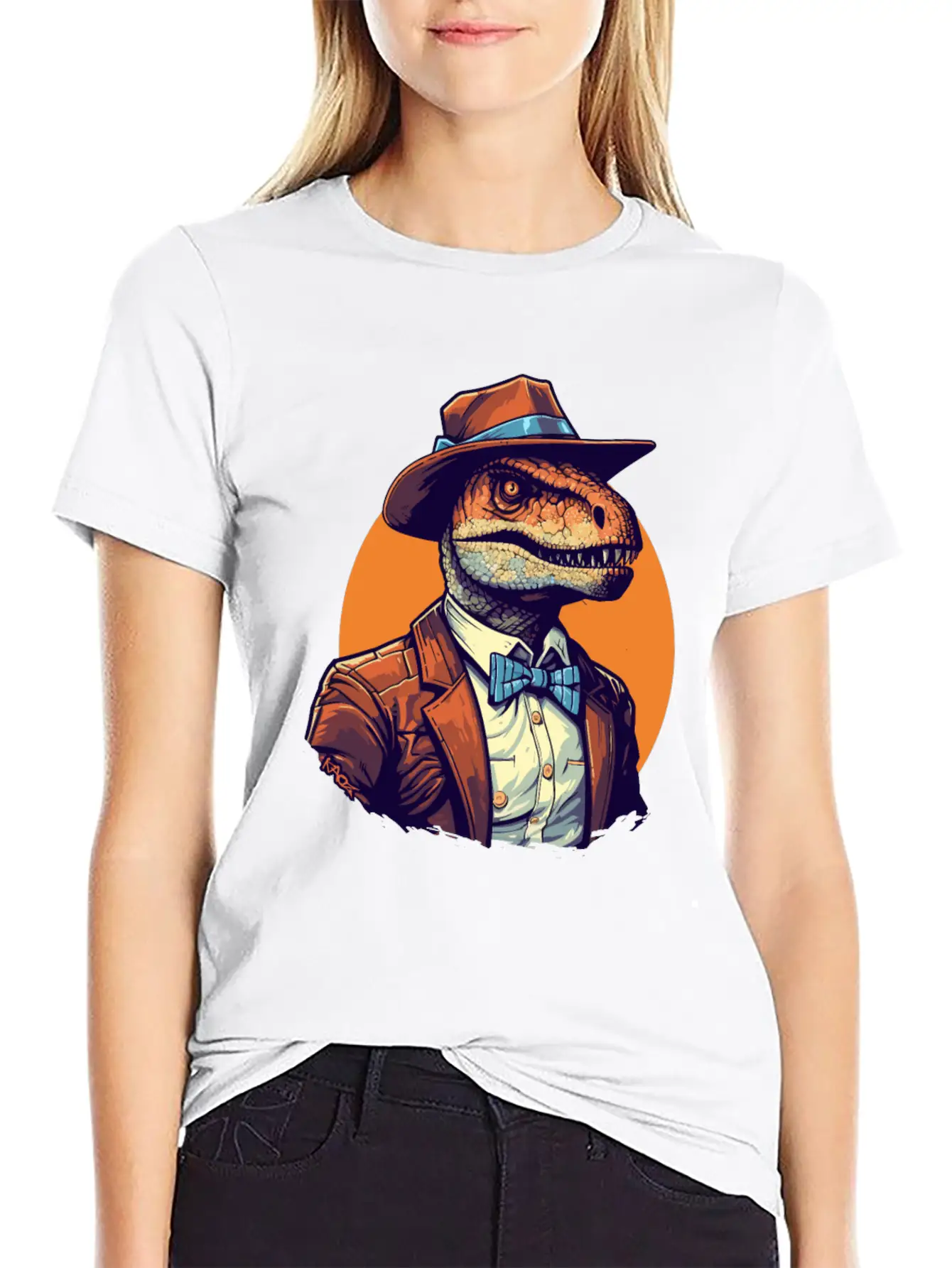 Dapper Raptor: Dinosaur In Suit And Tie Unisex Short Sleeve Soft Cotton T-Shirt – Casual Everyday Wear