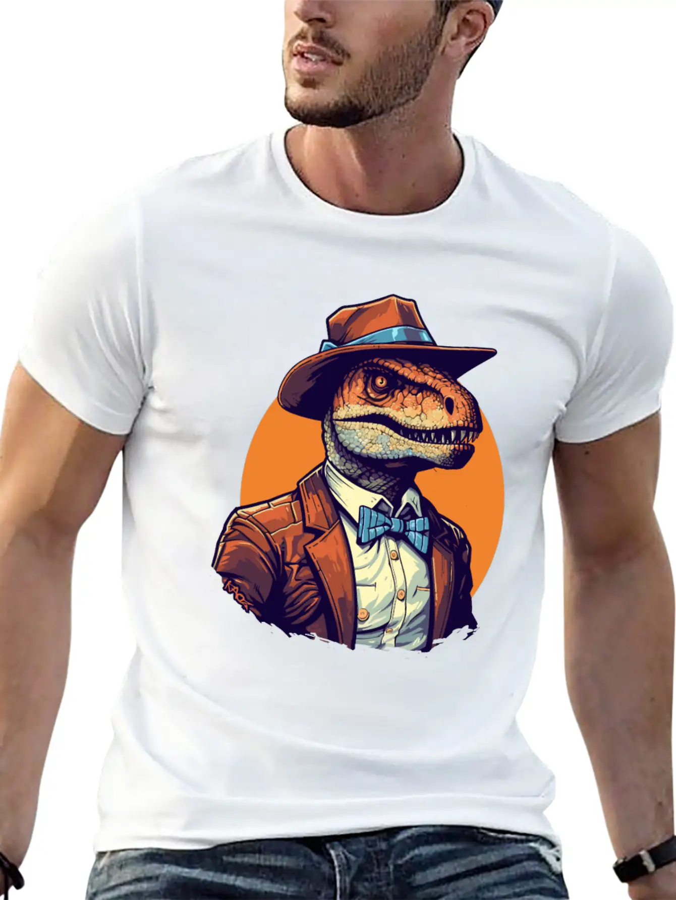 Dapper Raptor: Dinosaur In Suit And Tie Unisex Short Sleeve Soft Cotton T-Shirt – Casual Everyday Wear
