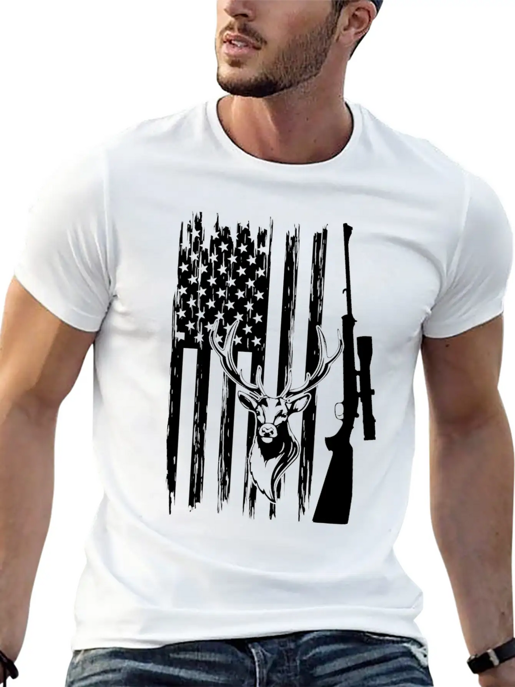 Deer Hunting Deer Head America Flag Deer Hunter Unisex Casual T-Shirt – Clean Design For Daily Comfort