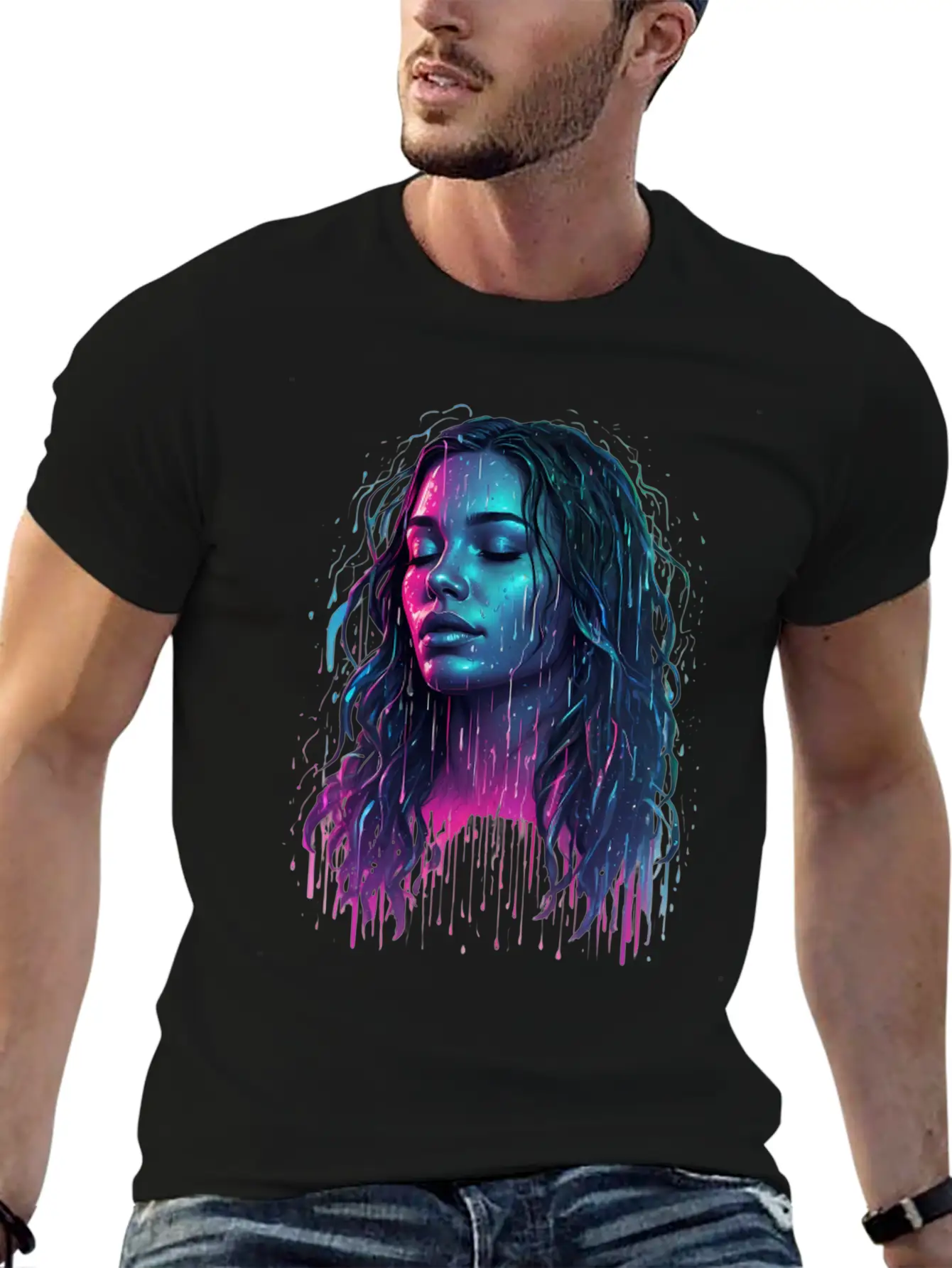 Default Neon Drawing Of A Woman Feel Deep Harmony Unisex Casual T-Shirt – Clean Design For Daily Comfort