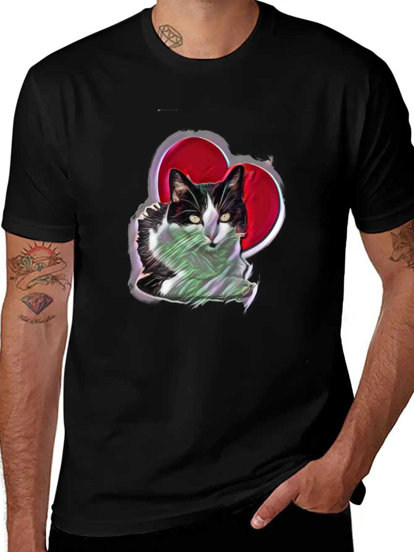 Digital Design Black White Cat Love Heart Unisex Casual T-Shirt – Clean Design For Daily Comfort