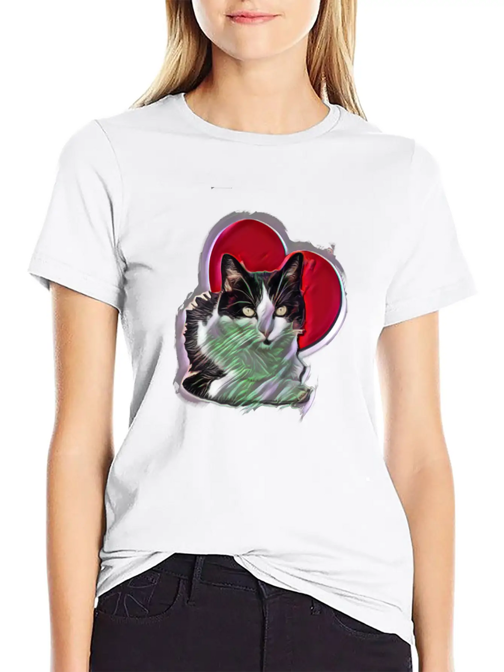 Digital Design Black White Cat Love Heart Unisex Casual T-Shirt – Clean Design For Daily Comfort