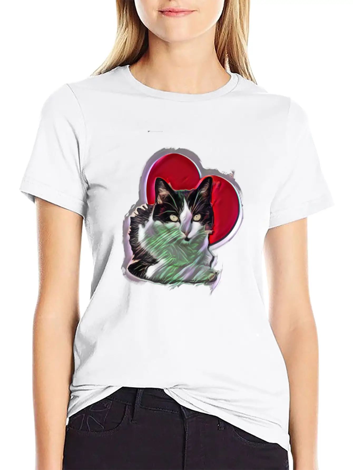 Digital Design Black White Cat Love Heart Unisex Casual T-Shirt – Clean Design For Daily Comfort