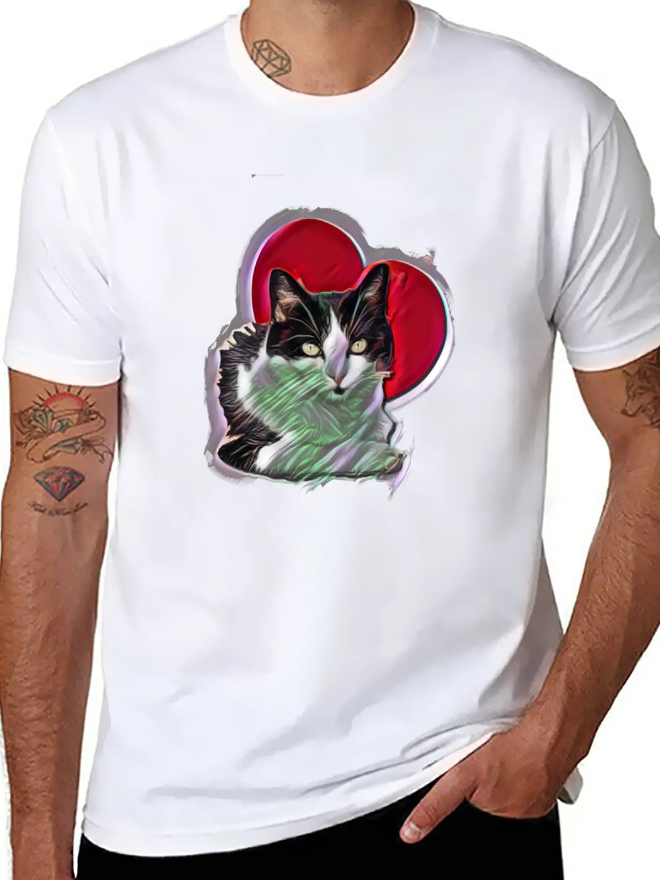 Digital Design Black White Cat Love Heart Unisex Casual T-Shirt – Clean Design For Daily Comfort