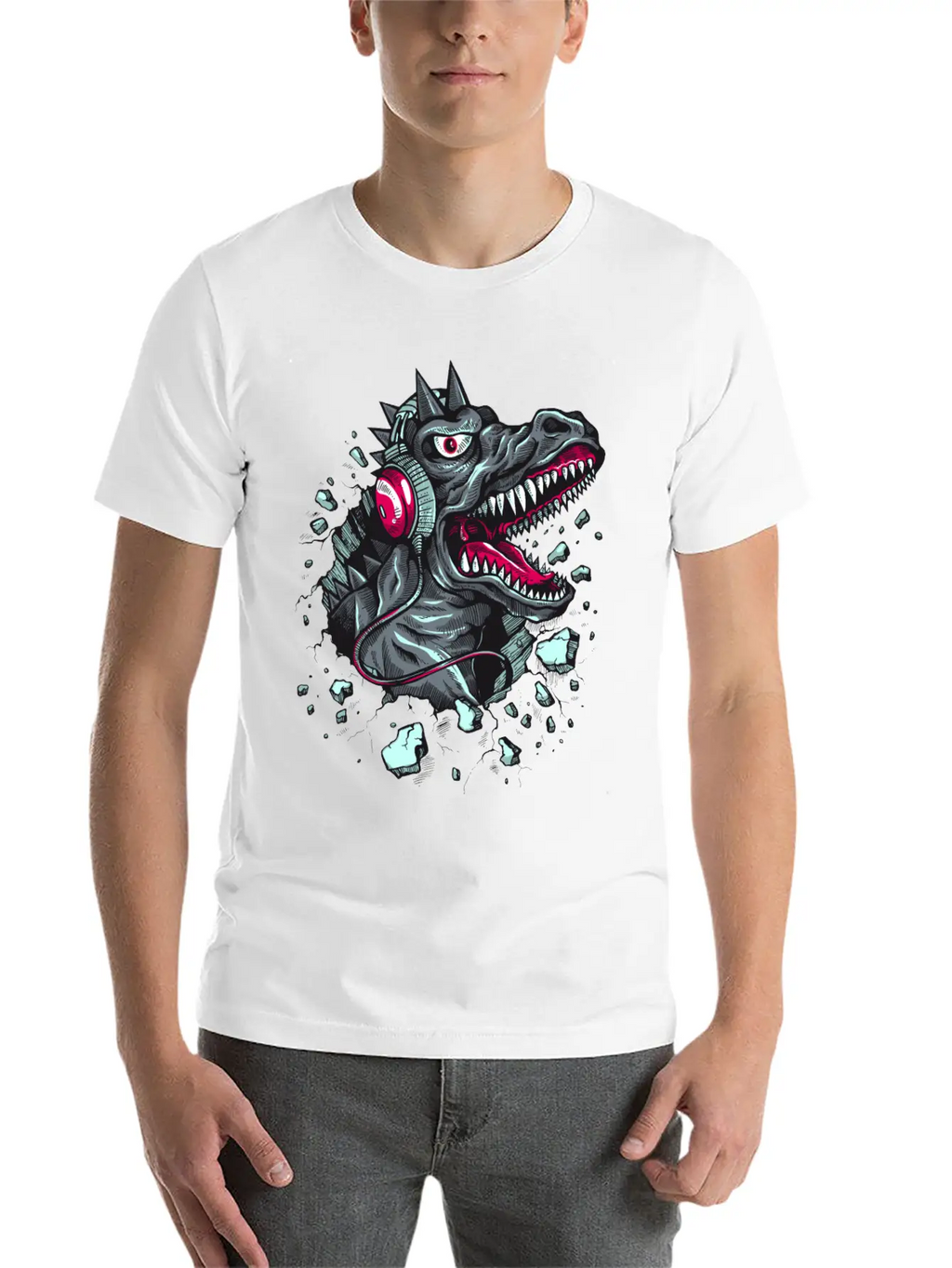 Dinosaur-reptile-music-headphones Stylish Everyday T-Shirt – Unisex Basic Cotton Tee