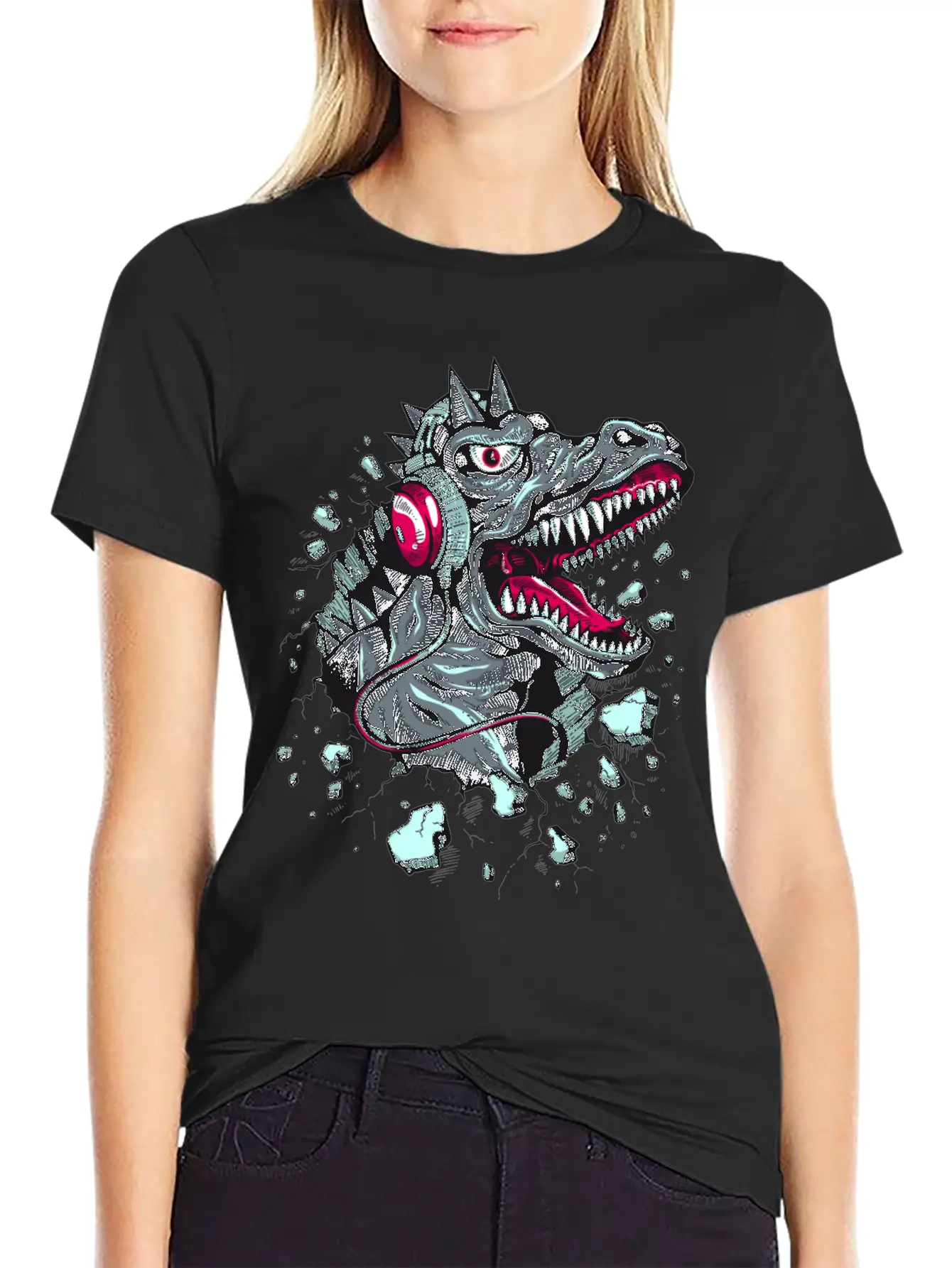 Dinosaur-reptile-music-headphones Stylish Everyday T-Shirt – Unisex Basic Cotton Tee