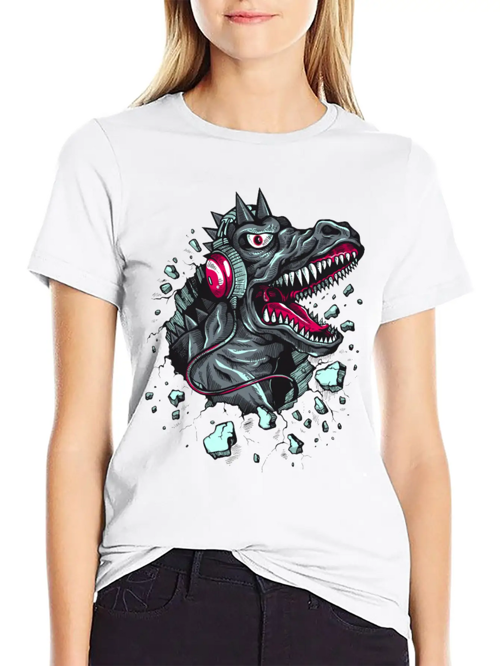 Dinosaur-reptile-music-headphones Stylish Everyday T-Shirt – Unisex Basic Cotton Tee