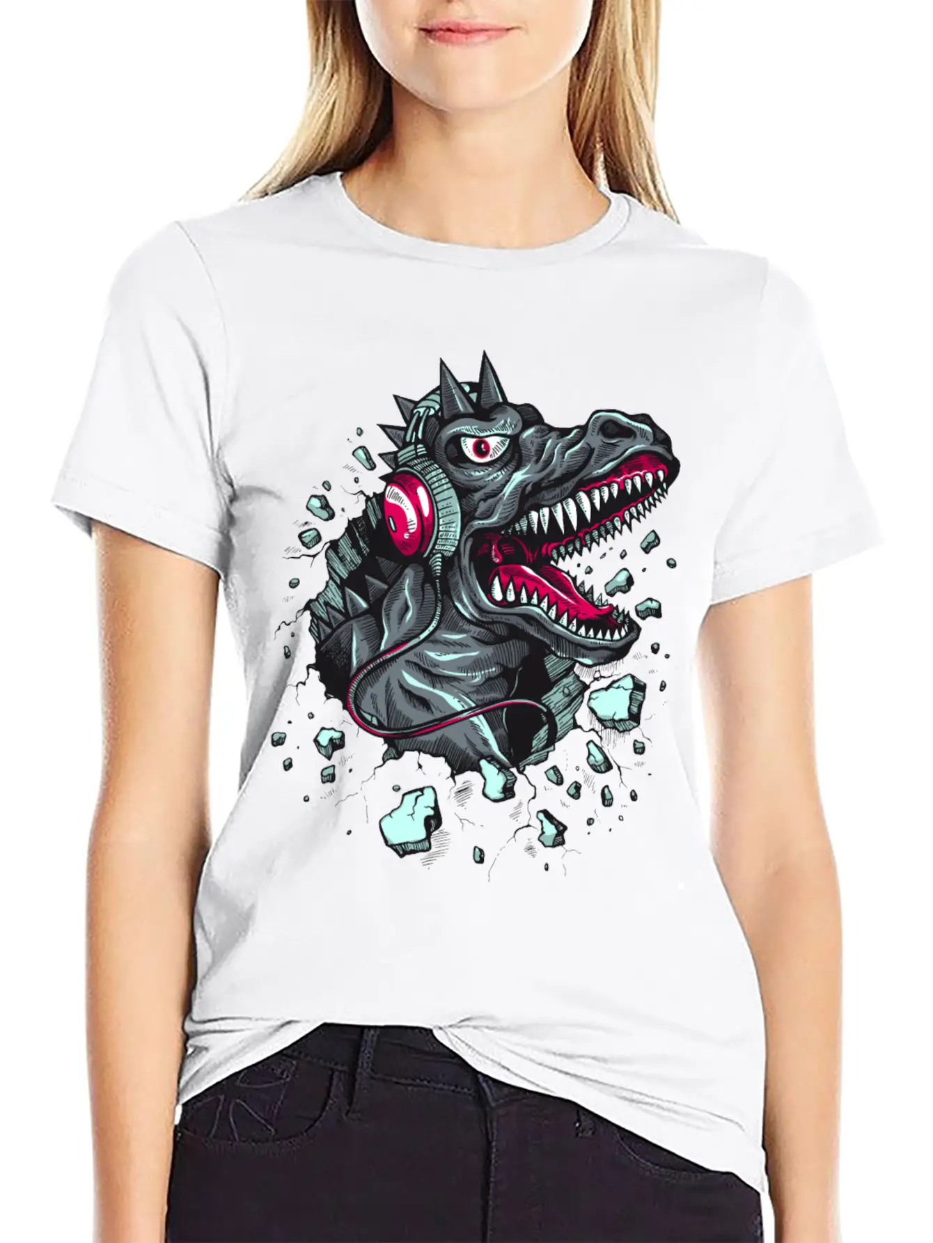 Dinosaur-reptile-music-headphones Stylish Everyday T-Shirt – Unisex Basic Cotton Tee
