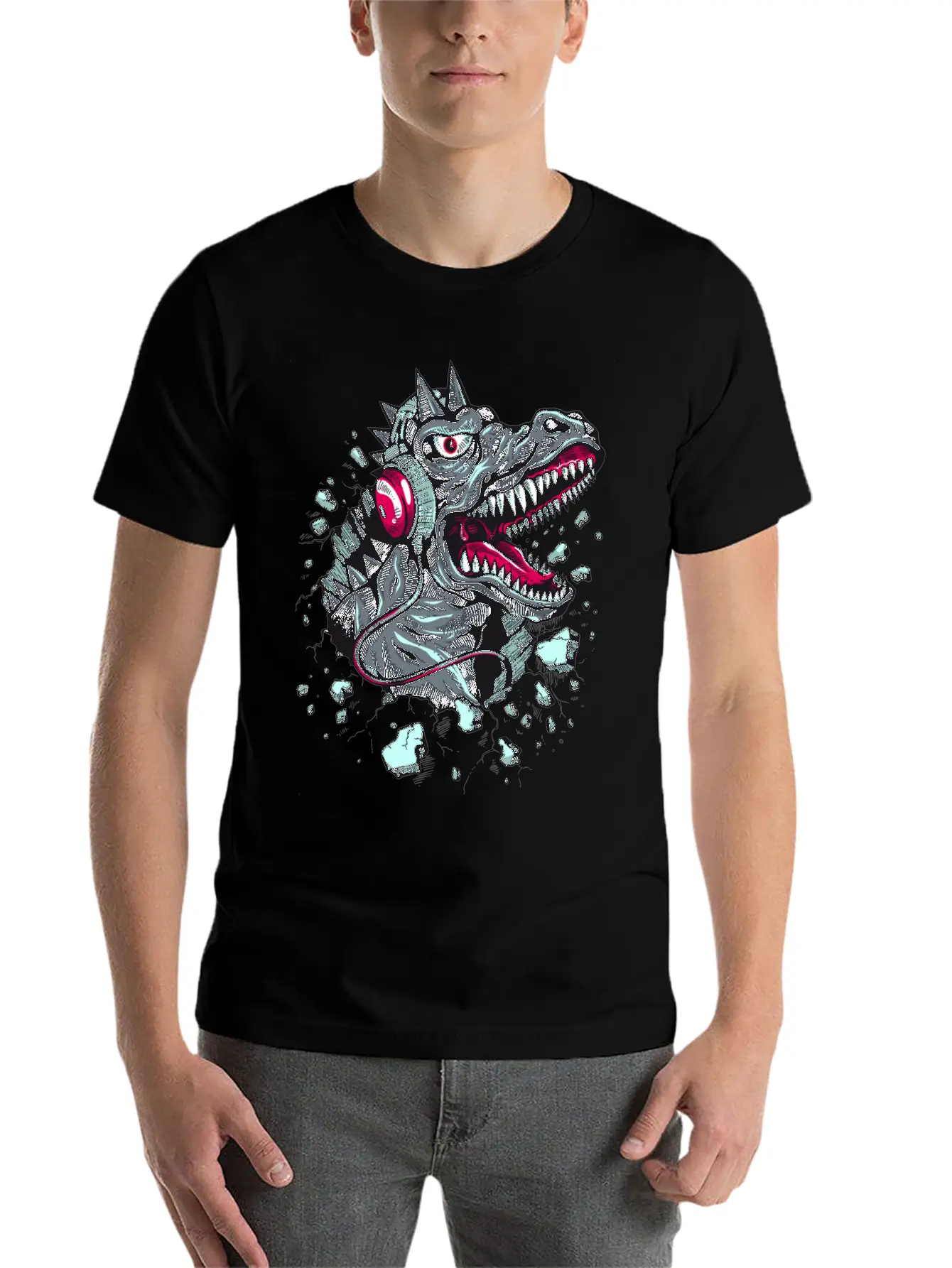 Dinosaur-reptile-music-headphones Stylish Everyday T-Shirt – Unisex Basic Cotton Tee