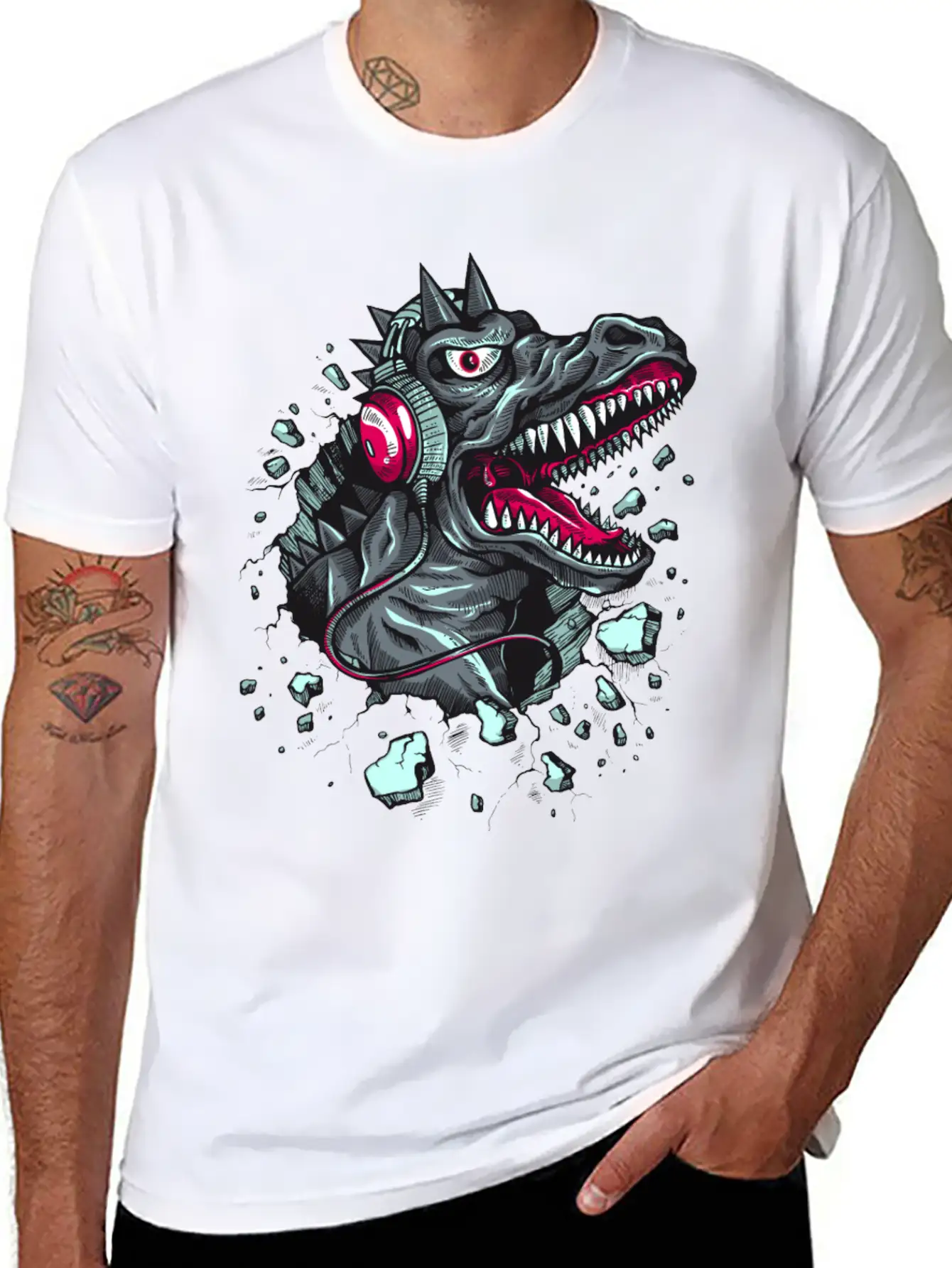 Dinosaur-reptile-music-headphones Stylish Everyday T-Shirt – Unisex Basic Cotton Tee