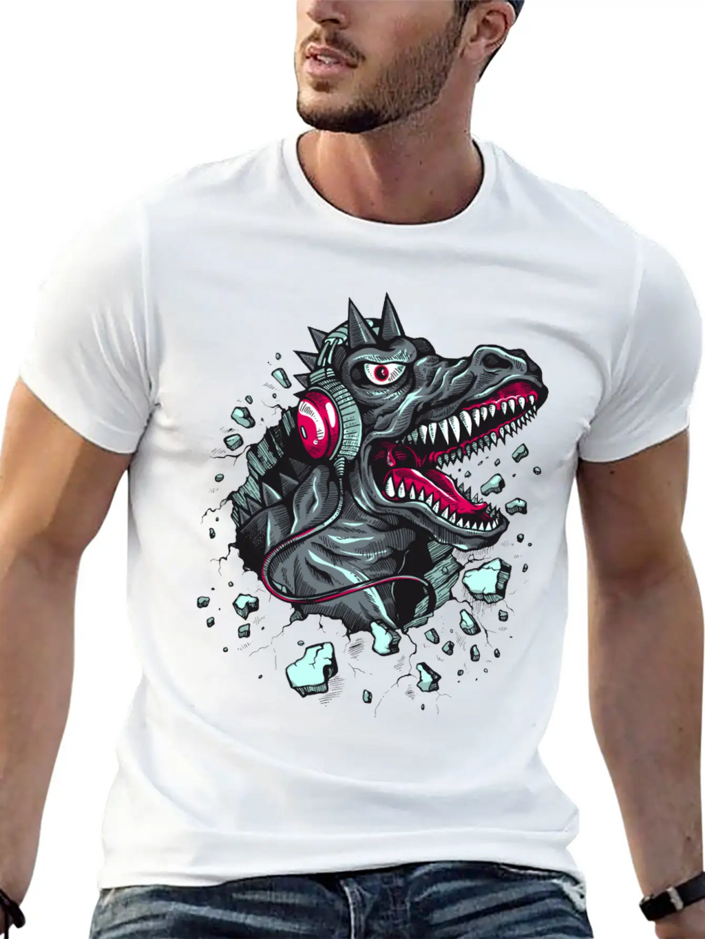 Dinosaur-reptile-music-headphones Stylish Everyday T-Shirt – Unisex Basic Cotton Tee