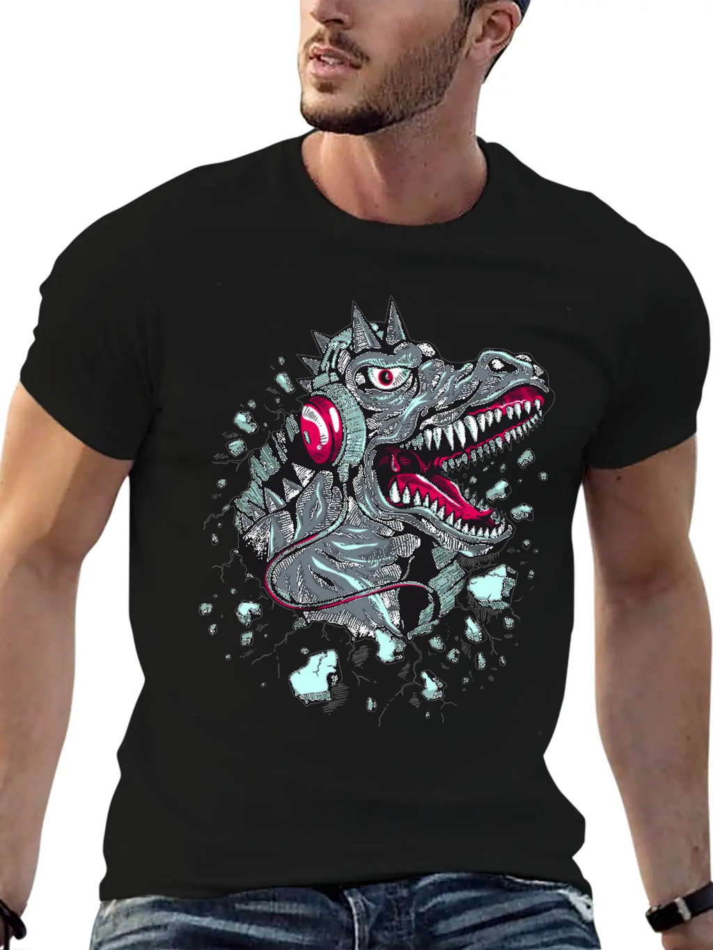 Dinosaur-reptile-music-headphones Stylish Everyday T-Shirt – Unisex Basic Cotton Tee