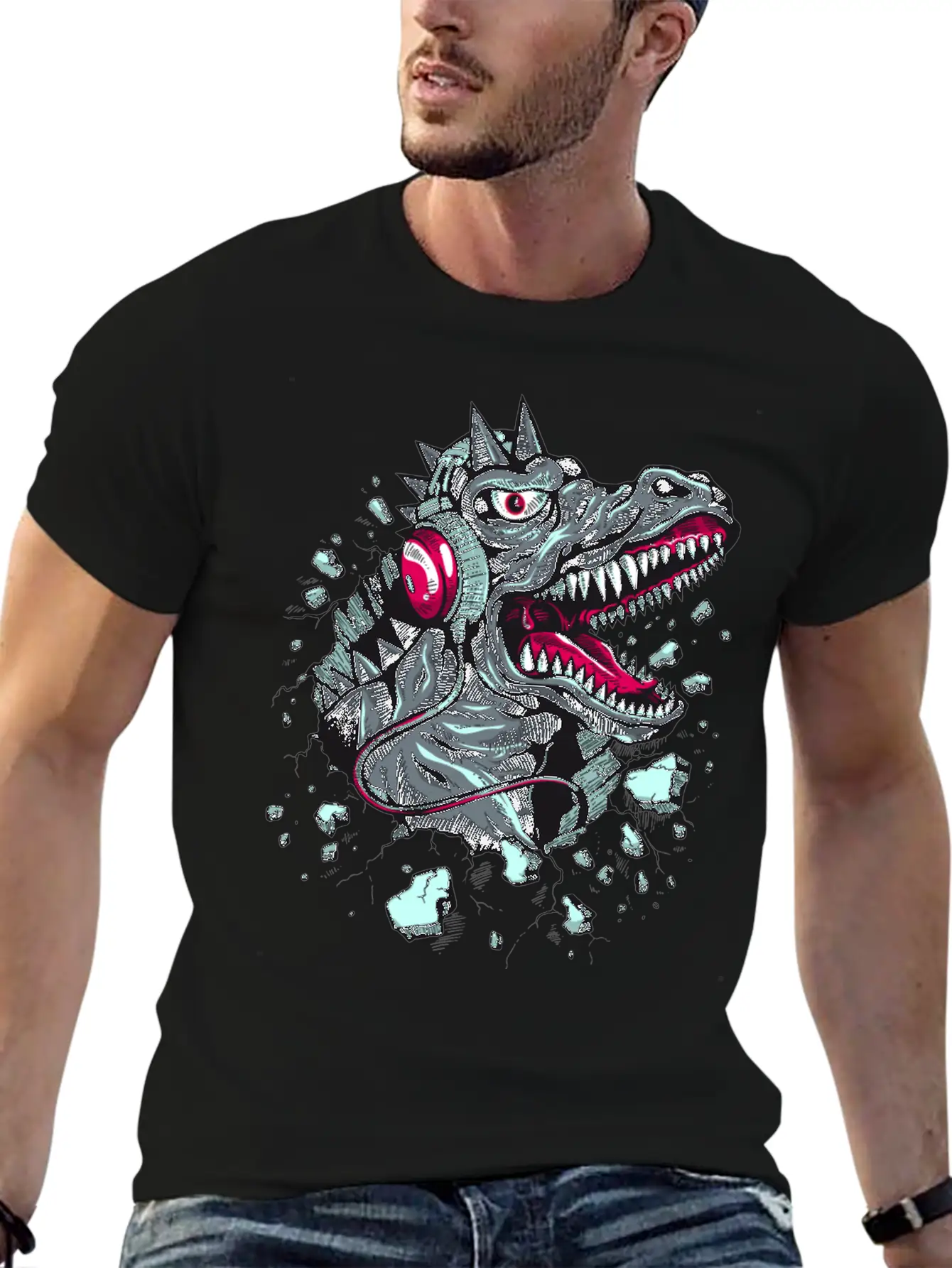 Dinosaur-reptile-music-headphones Stylish Everyday T-Shirt – Unisex Basic Cotton Tee