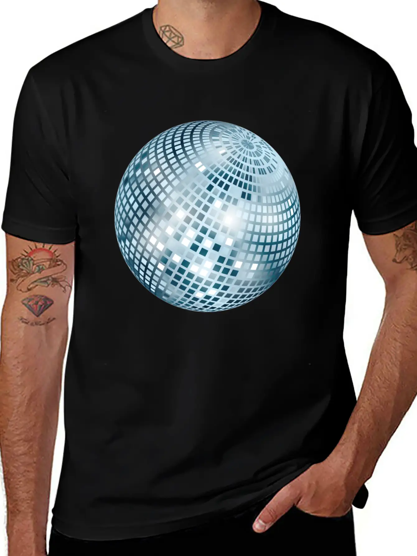 Disco Ball / Mirror Ball Glitter (Silver, PNG) Unisex Short Sleeve Soft Cotton T-Shirt – Casual Everyday Wear