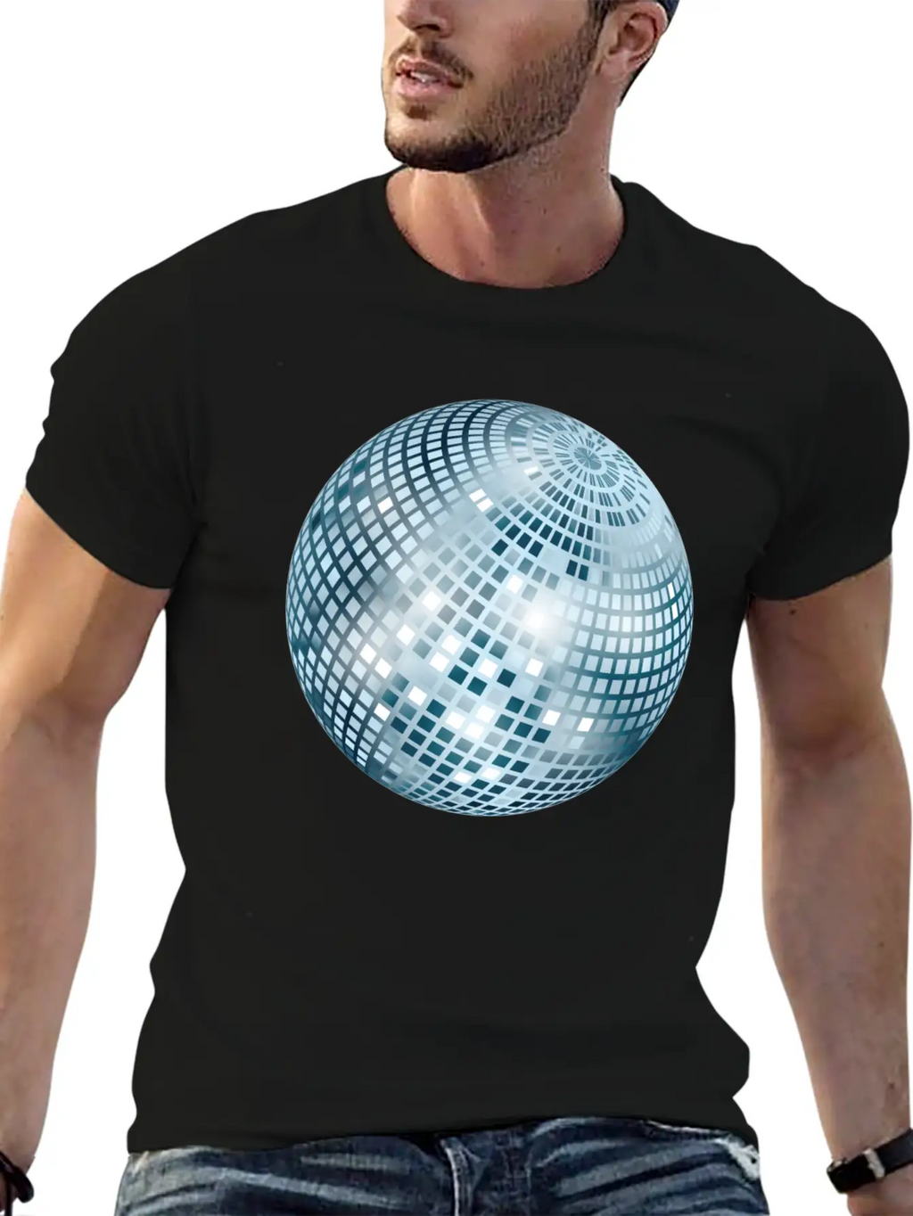 Disco Ball / Mirror Ball Glitter (Silver, PNG) Unisex Short Sleeve Soft Cotton T-Shirt – Casual Everyday Wear