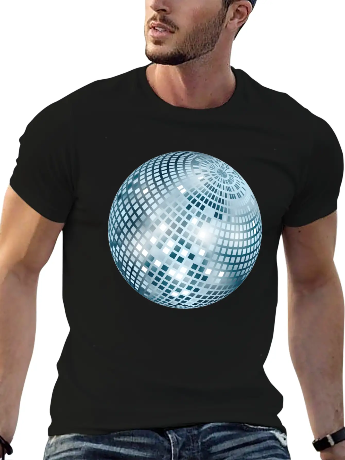 Disco Ball / Mirror Ball Glitter (Silver, PNG) Unisex Short Sleeve Soft Cotton T-Shirt – Casual Everyday Wear