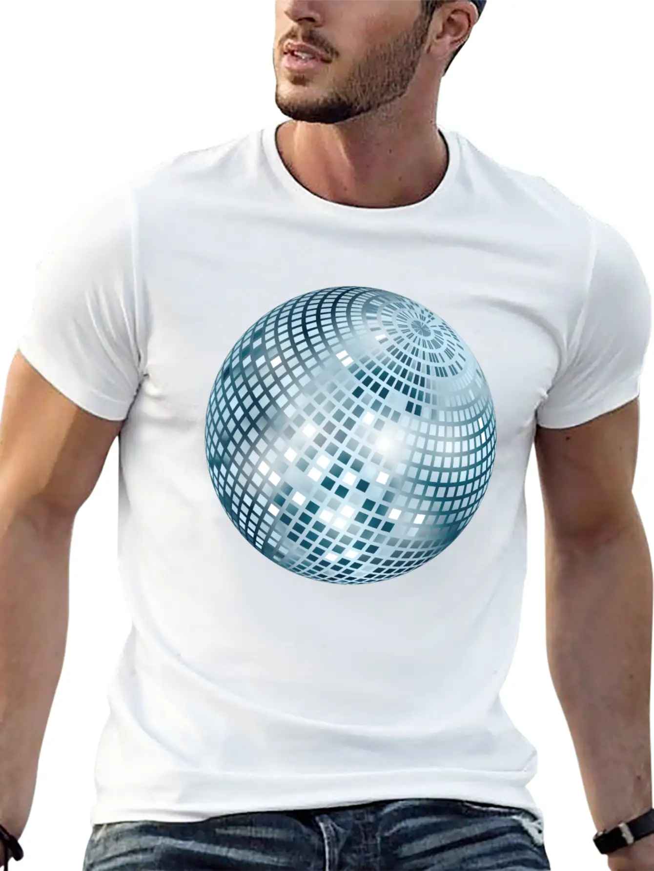 Disco Ball / Mirror Ball Glitter (Silver, PNG) Unisex Short Sleeve Soft Cotton T-Shirt – Casual Everyday Wear