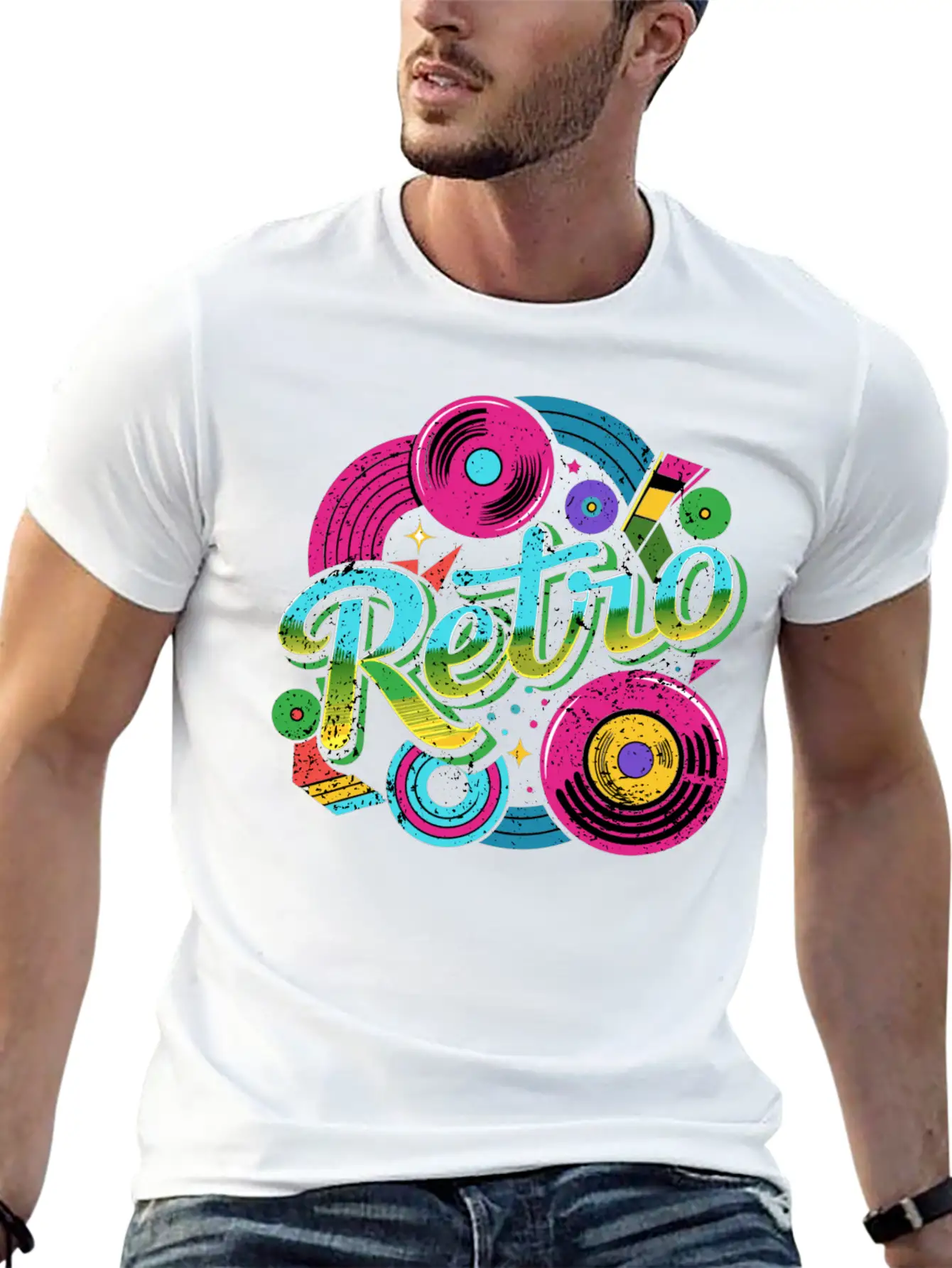 Distressed Retro Music With Neon Colours Unisex Casual T-Shirt – Clean Design For Daily Comfort