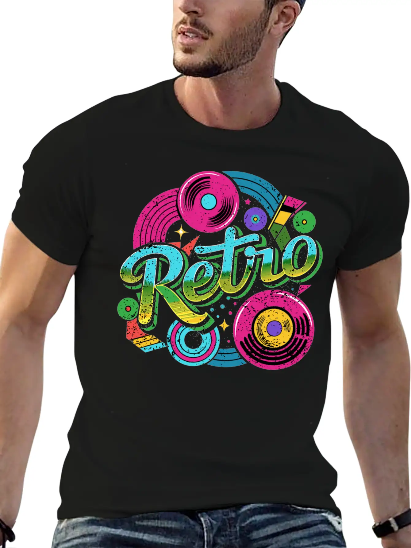 Distressed Retro Music With Neon Colours Unisex Casual T-Shirt – Clean Design For Daily Comfort